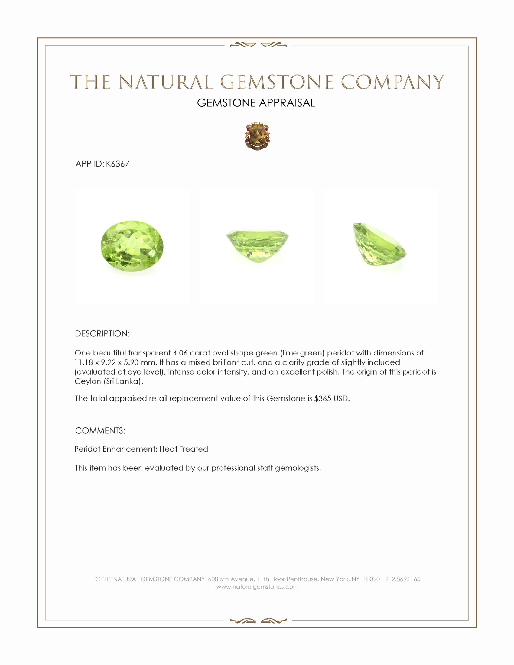 4.06 Ct. Green (Lime Green) Peridot from Ceylon (Sri Lanka)
