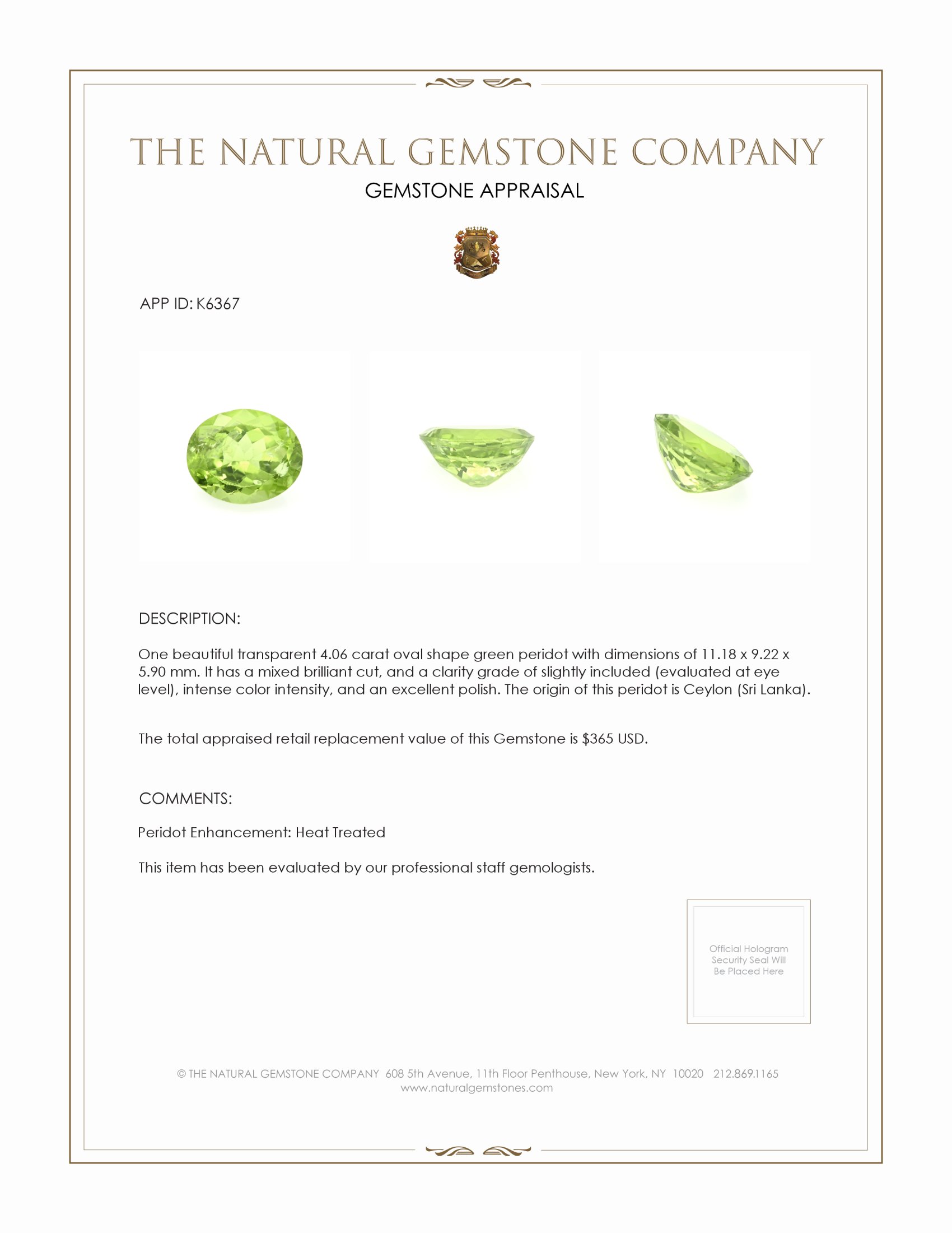 4.06 Ct. Peridot from Ceylon (Sri Lanka)