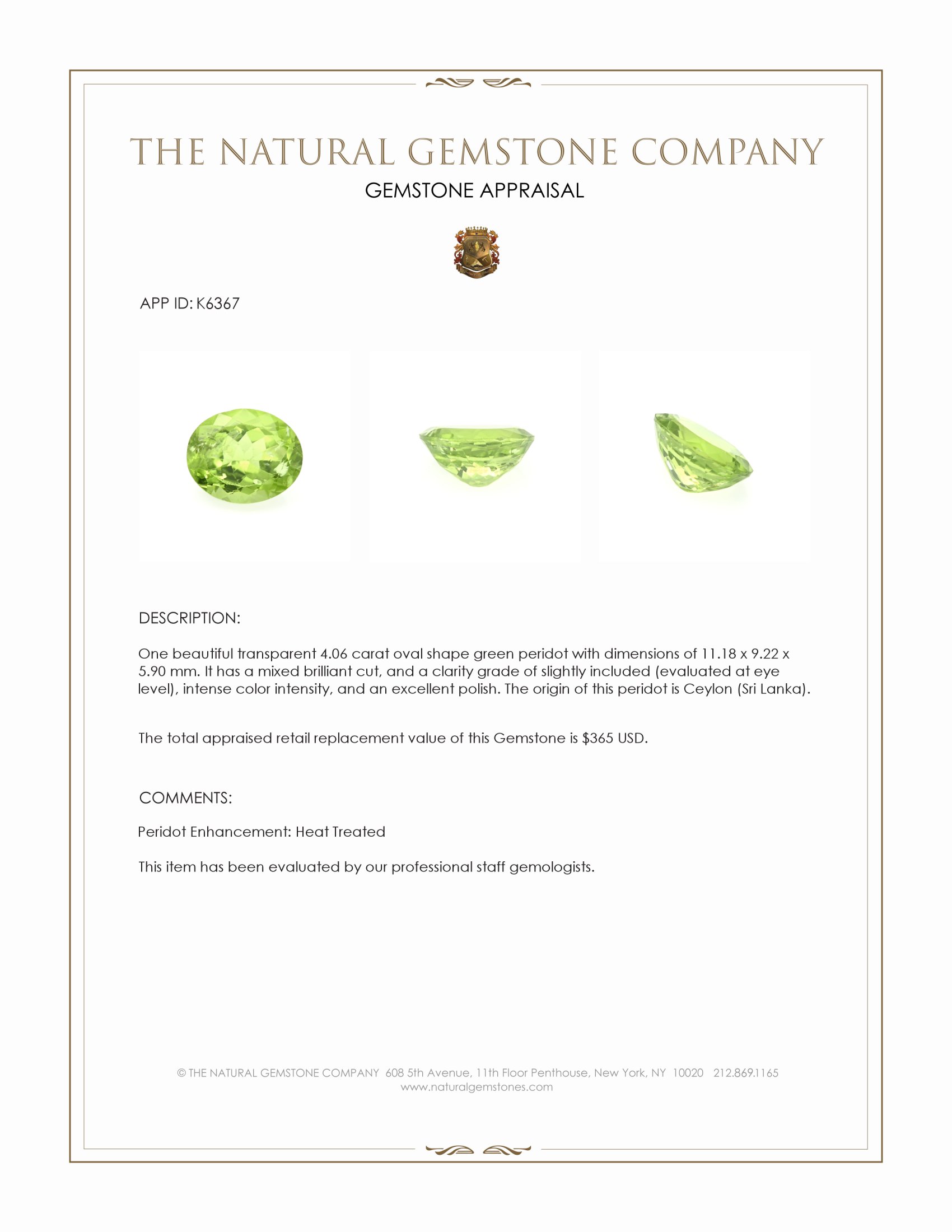 4.06 Ct. Peridot from Ceylon (Sri Lanka)