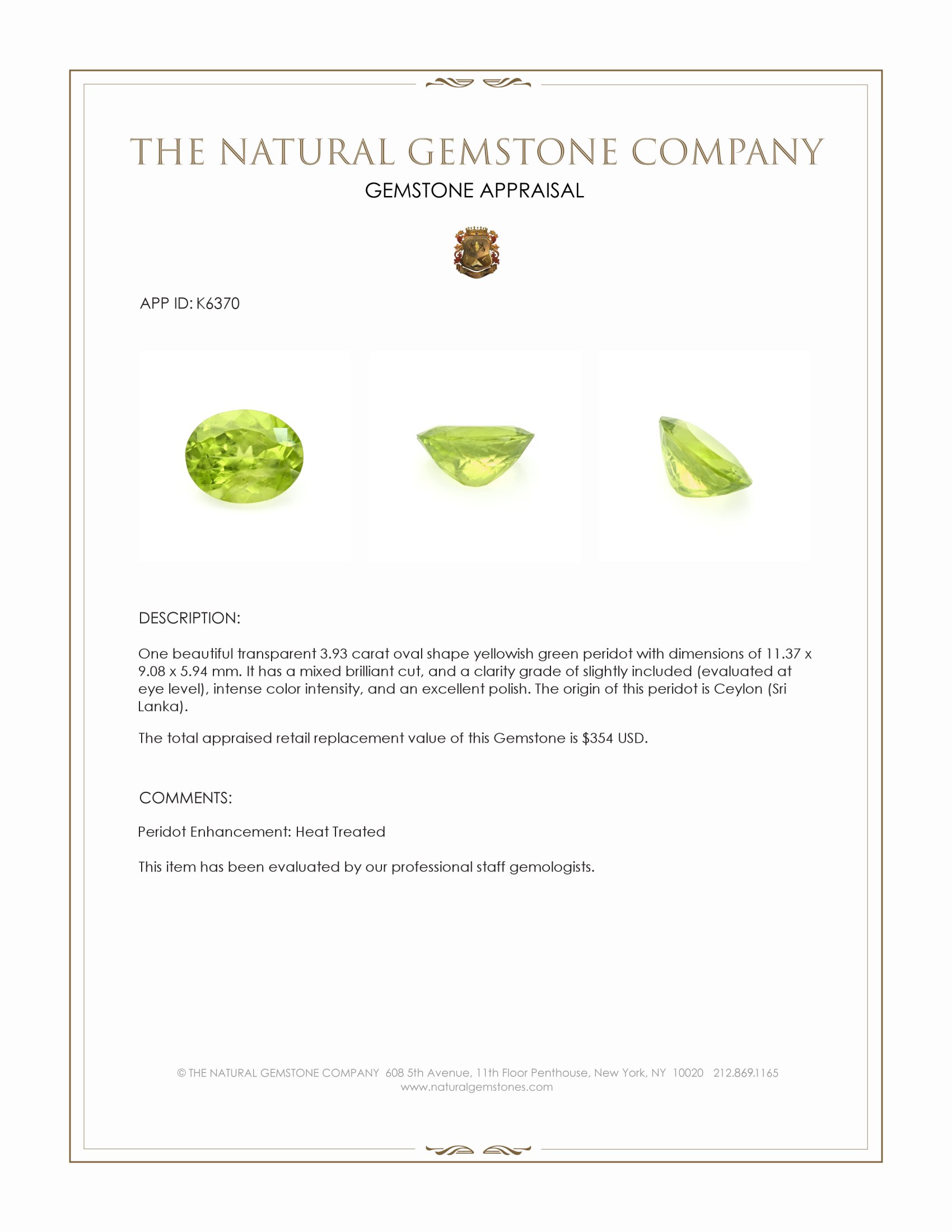 3.93 Ct. Yellowish Green Peridot from Ceylon (Sri Lanka)