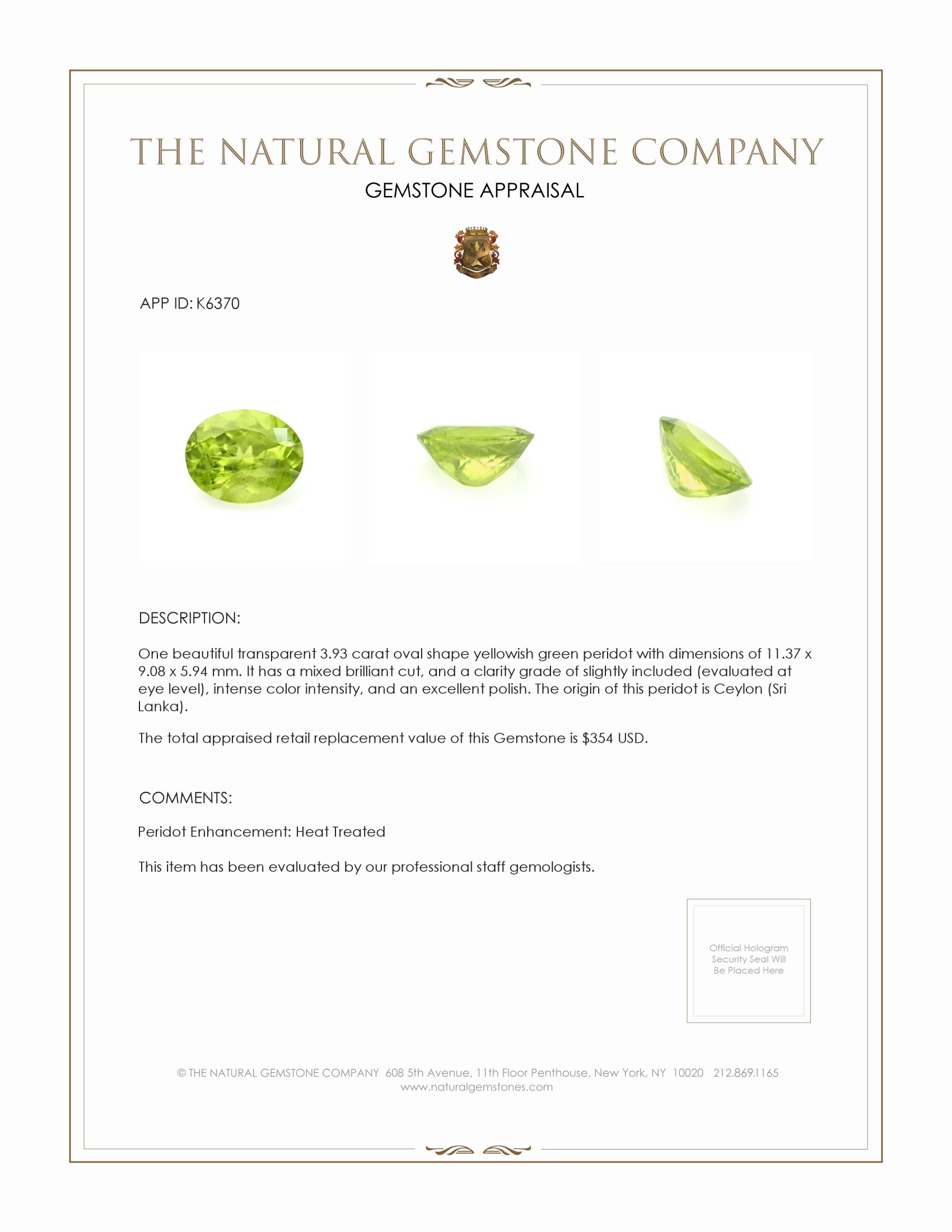 3.93 Ct. Peridot from Ceylon (Sri Lanka)