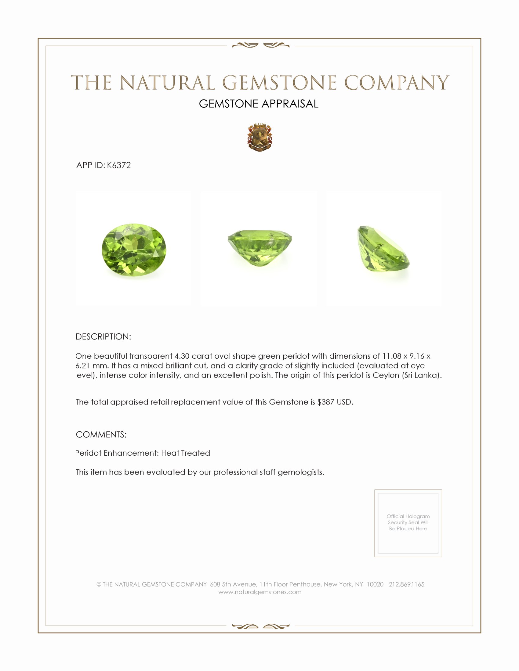 4.30 Ct. Peridot from Ceylon (Sri Lanka)
