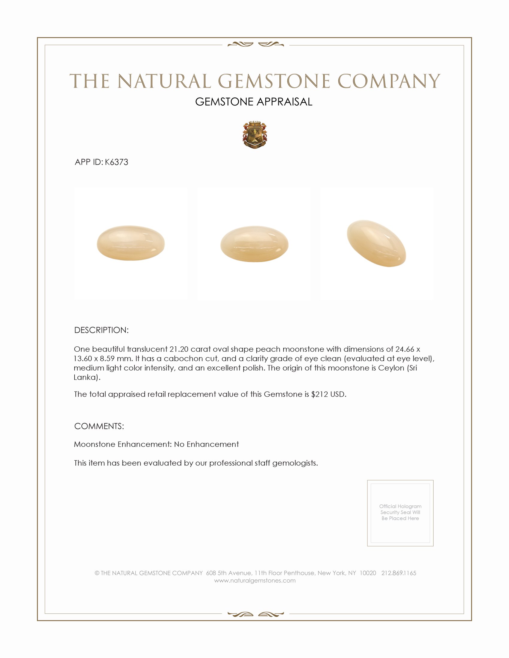 21.20 Ct. Cabochon Moonstone from Ceylon (Sri Lanka)