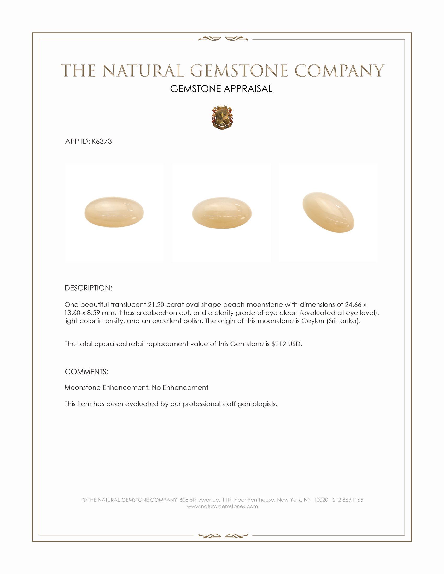 21.20 Ct. Cabochon Moonstone from Ceylon (Sri Lanka)