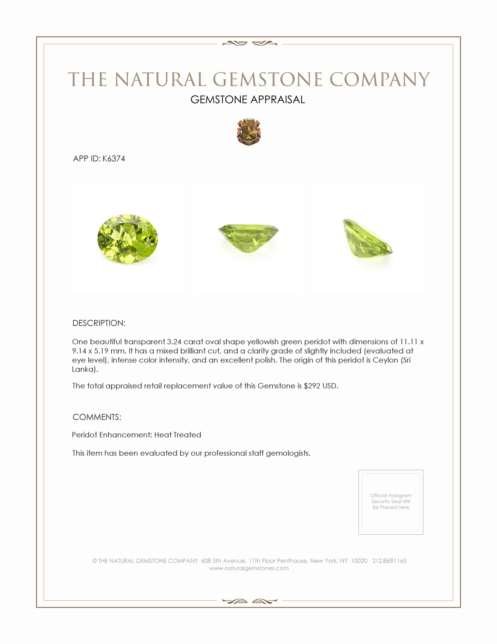 3.24 Ct. Peridot from Ceylon (Sri Lanka)