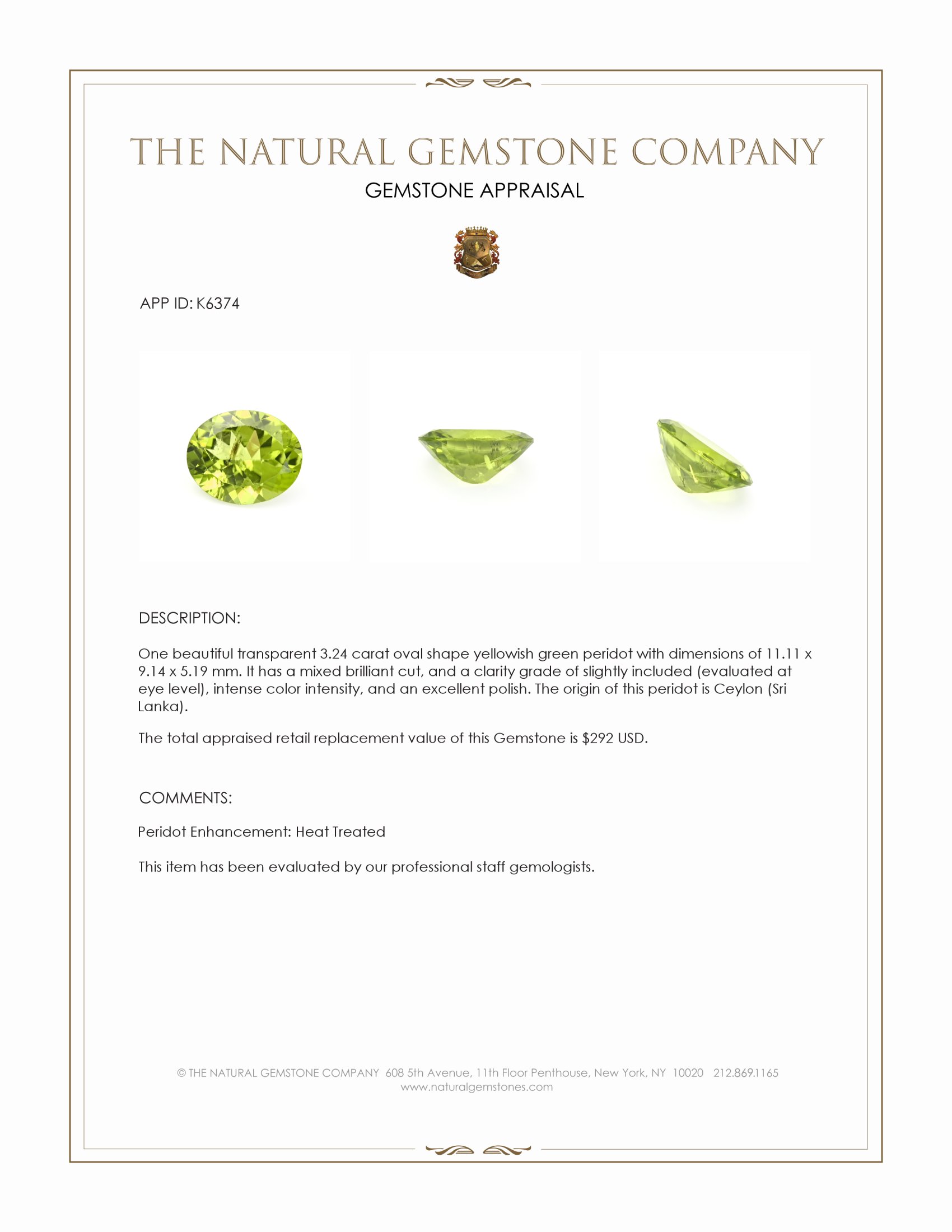 3.24 Ct. Yellowish Green Peridot from Ceylon (Sri Lanka)