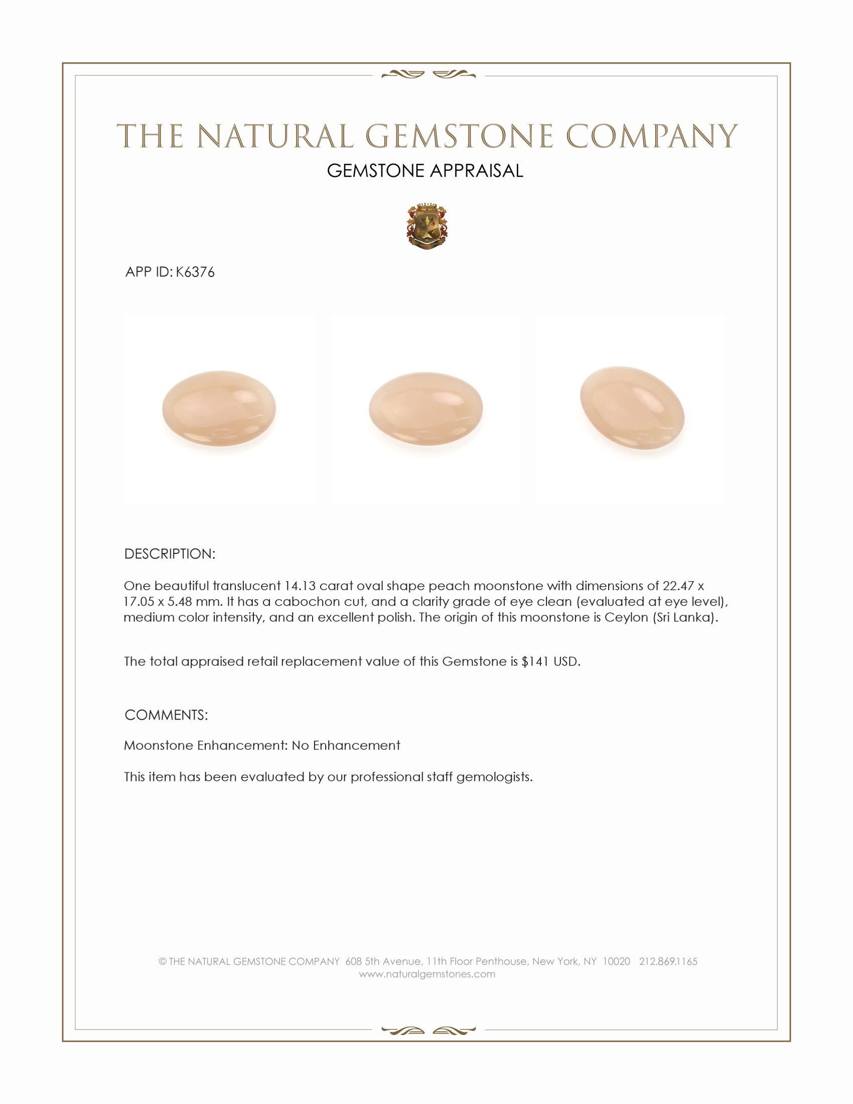 14.13 Ct. Peach Cabochon Moonstone from Ceylon (Sri Lanka)