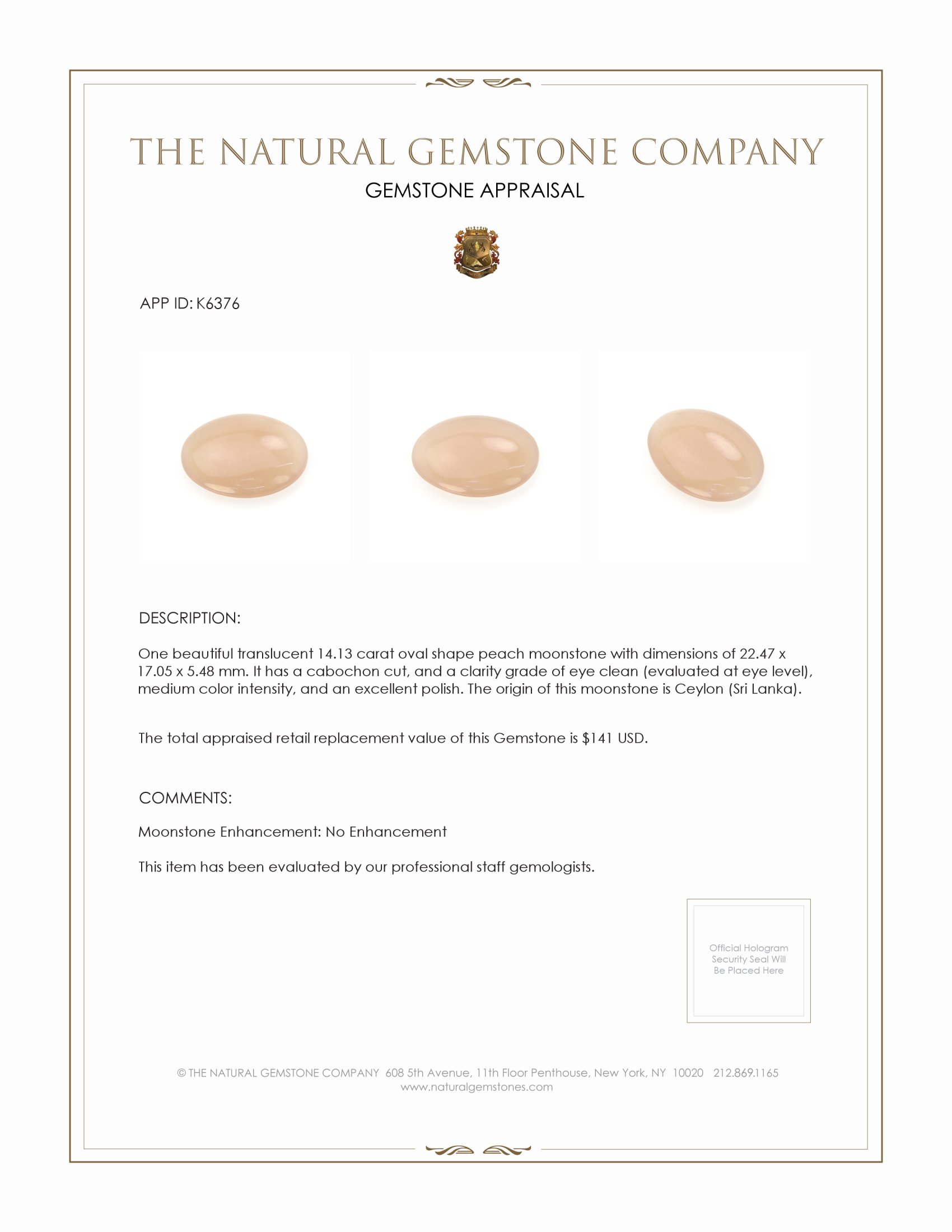 14.13 Ct. Cabochon Moonstone from Ceylon (Sri Lanka)