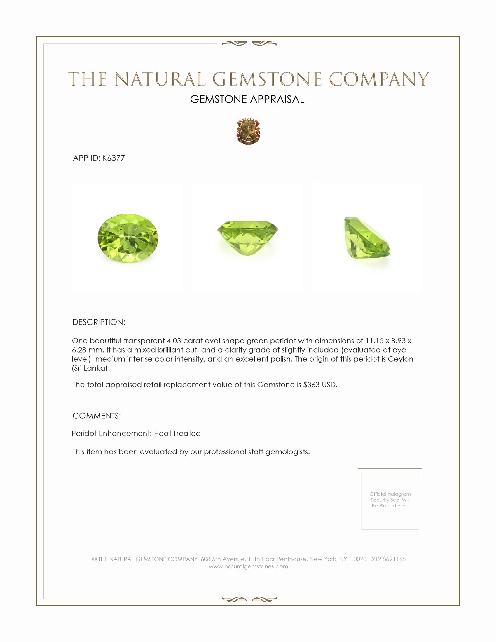 4.03 Ct. Green (Lime Green) Peridot from Ceylon (Sri Lanka)
