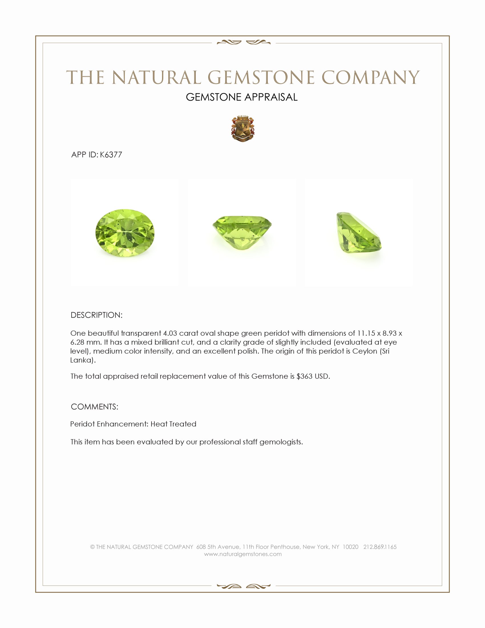 4.03 Ct. Peridot from Ceylon (Sri Lanka)