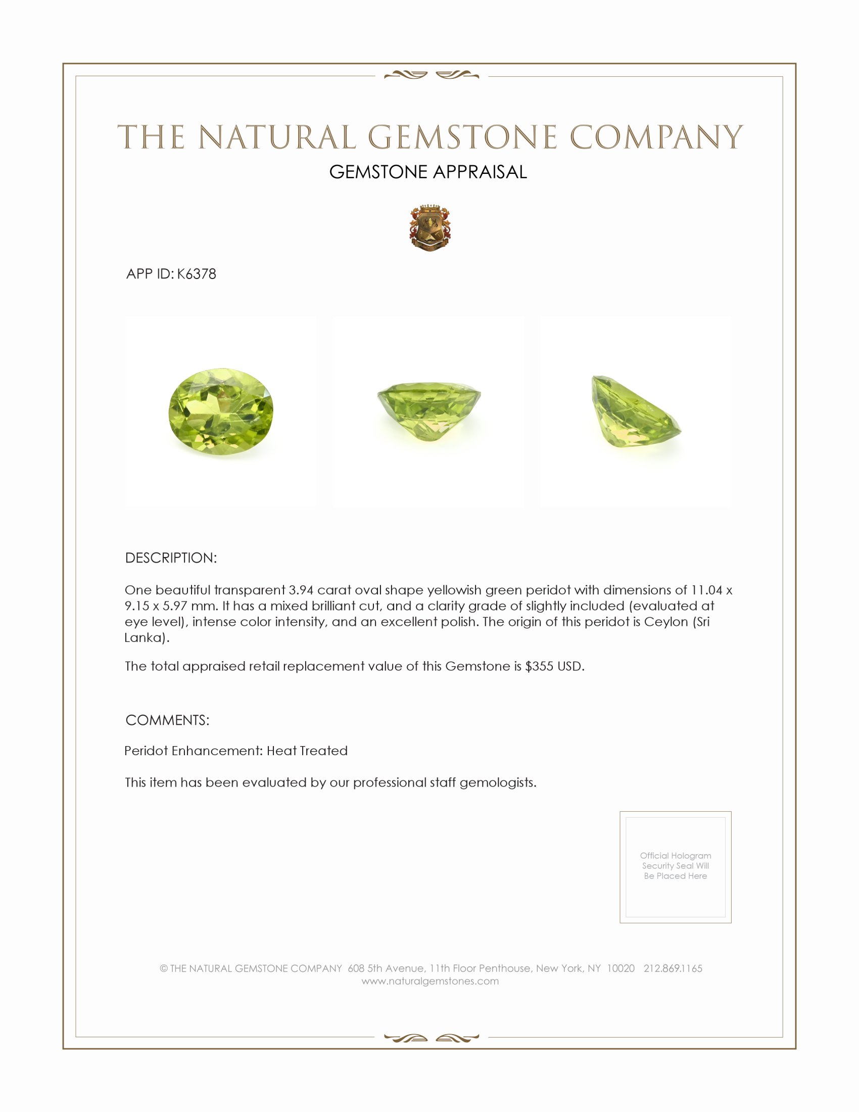 3.94 Ct. Yellowish Green Peridot from Ceylon (Sri Lanka)
