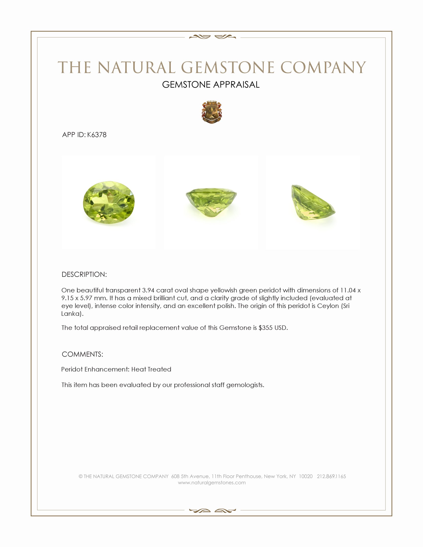3.94 Ct. Peridot from Ceylon (Sri Lanka)