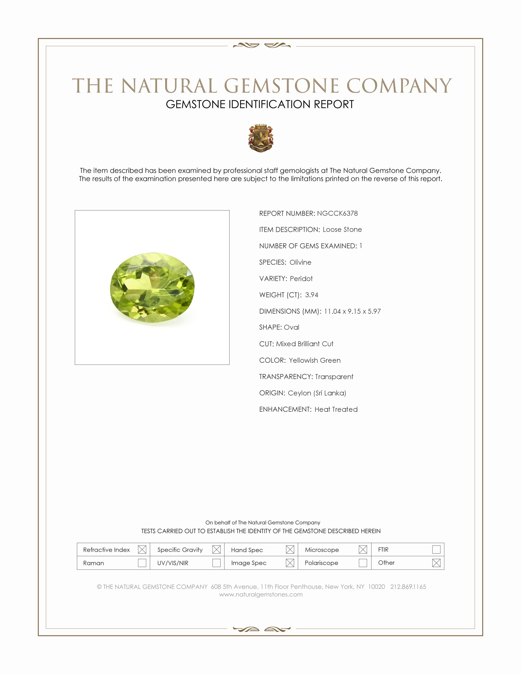 3.94 Ct. Yellowish Green Peridot from Ceylon (Sri Lanka)