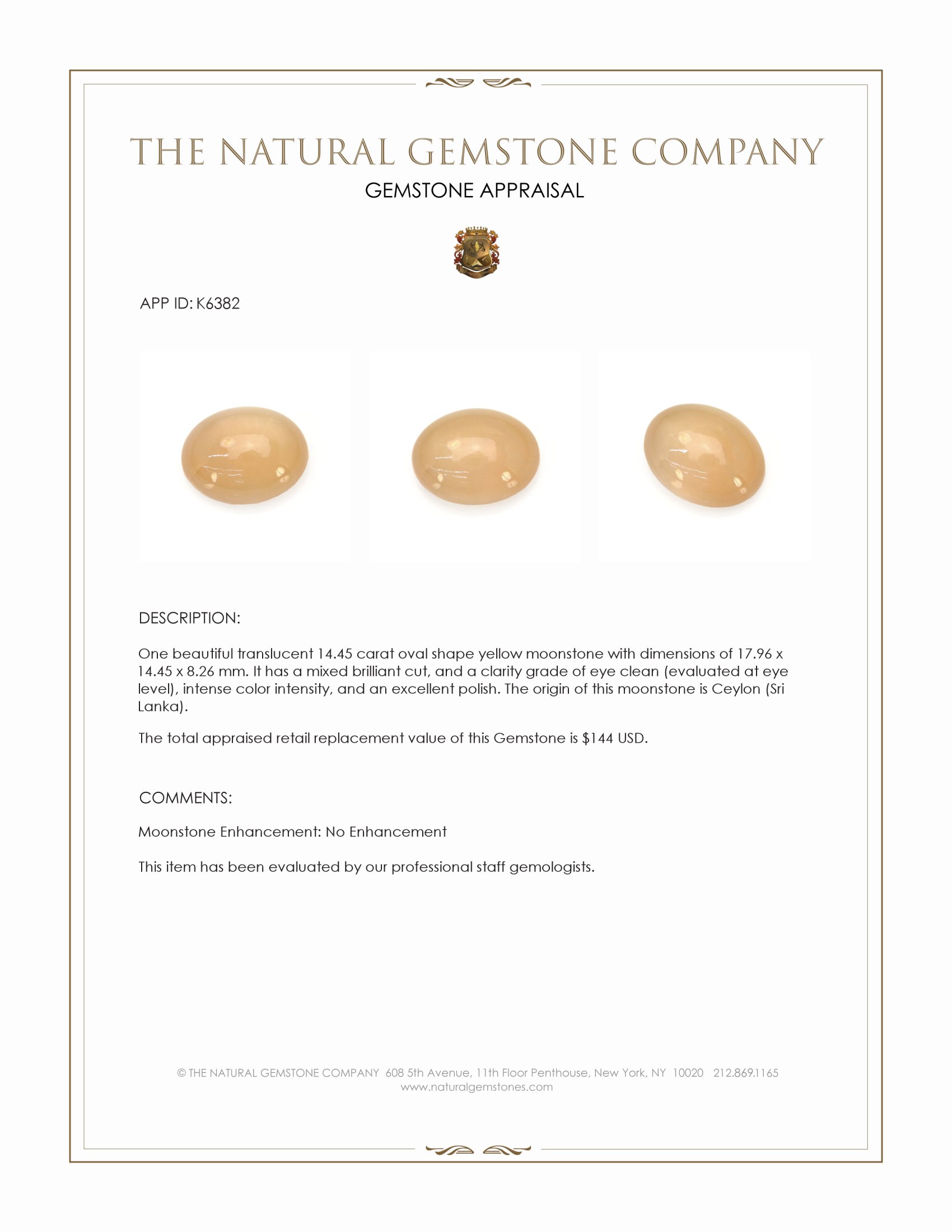 14.45 Ct. Yellow Moonstone from Ceylon (Sri Lanka)