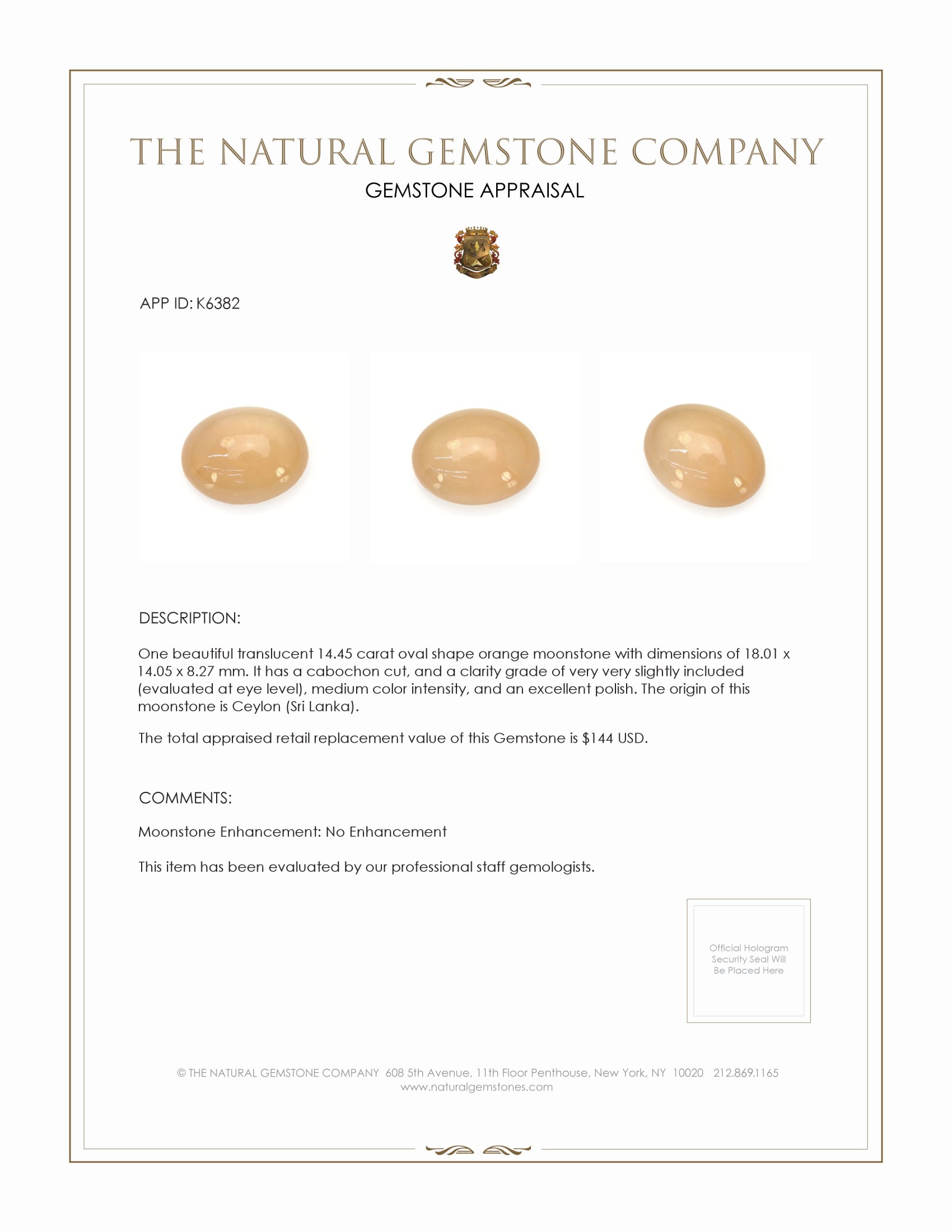 14.45 Ct. Cabochon Moonstone from Ceylon (Sri Lanka)