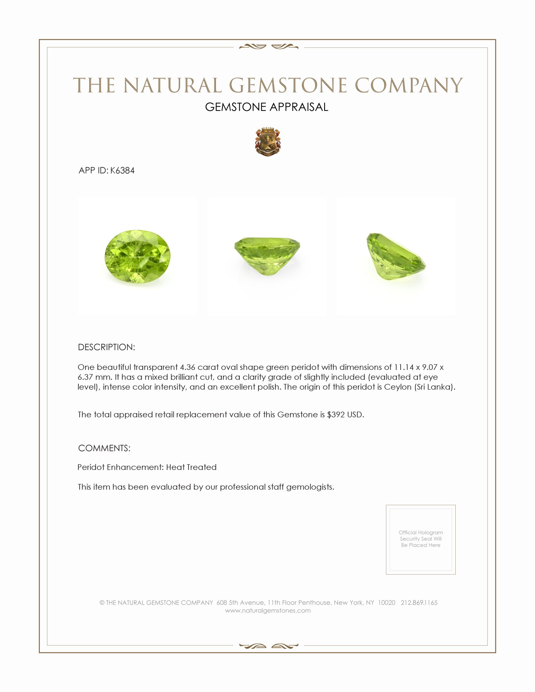 4.36 Ct. Green (Lime Green) Peridot from Ceylon (Sri Lanka)