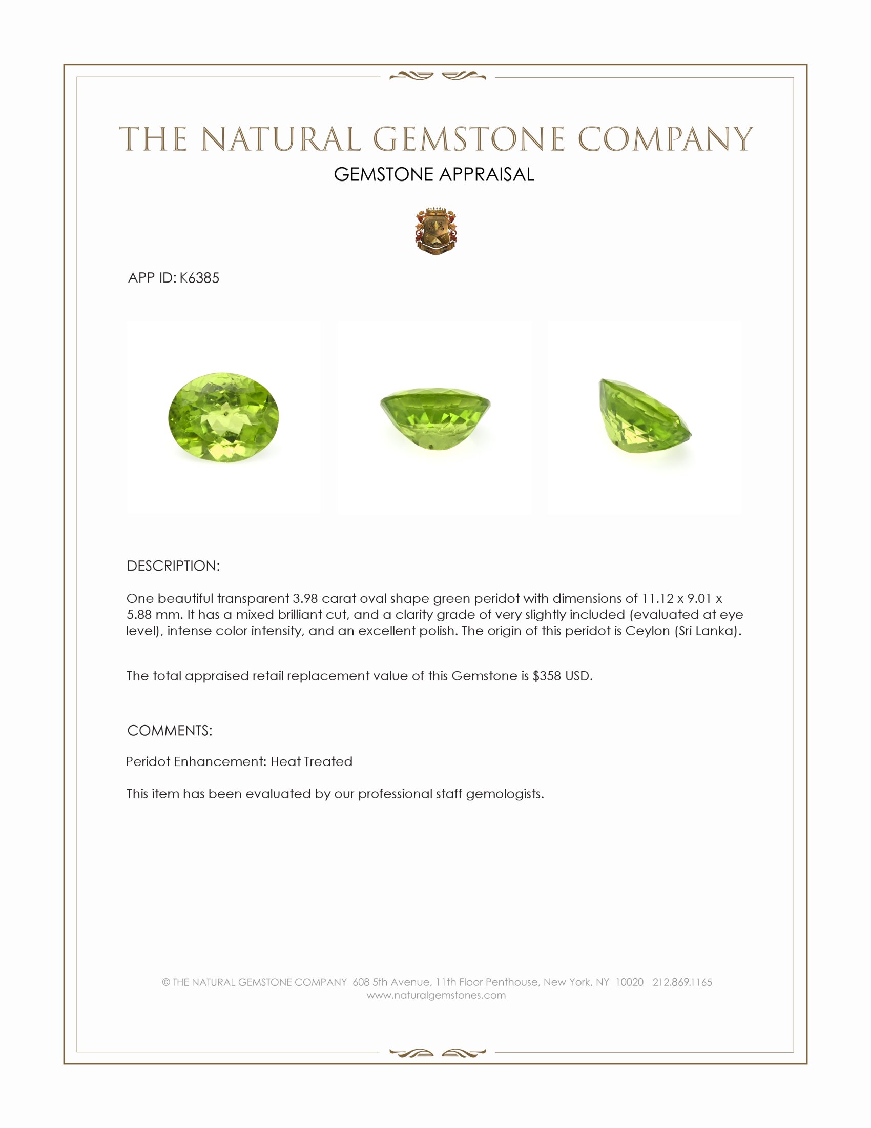 3.98 Ct. Green (Lime Green) Peridot from Ceylon (Sri Lanka)