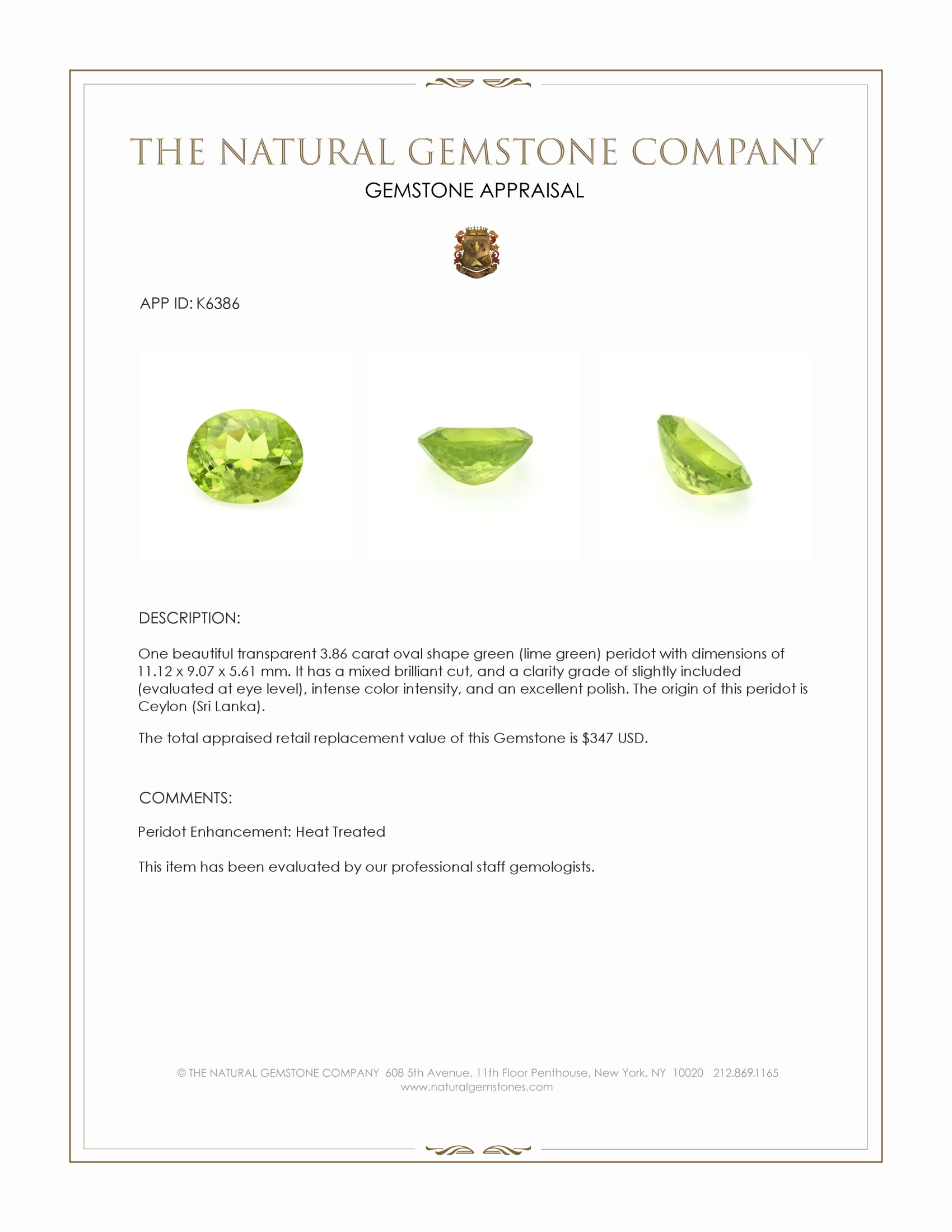 3.86 Ct. Green (Lime Green) Peridot from Ceylon (Sri Lanka)