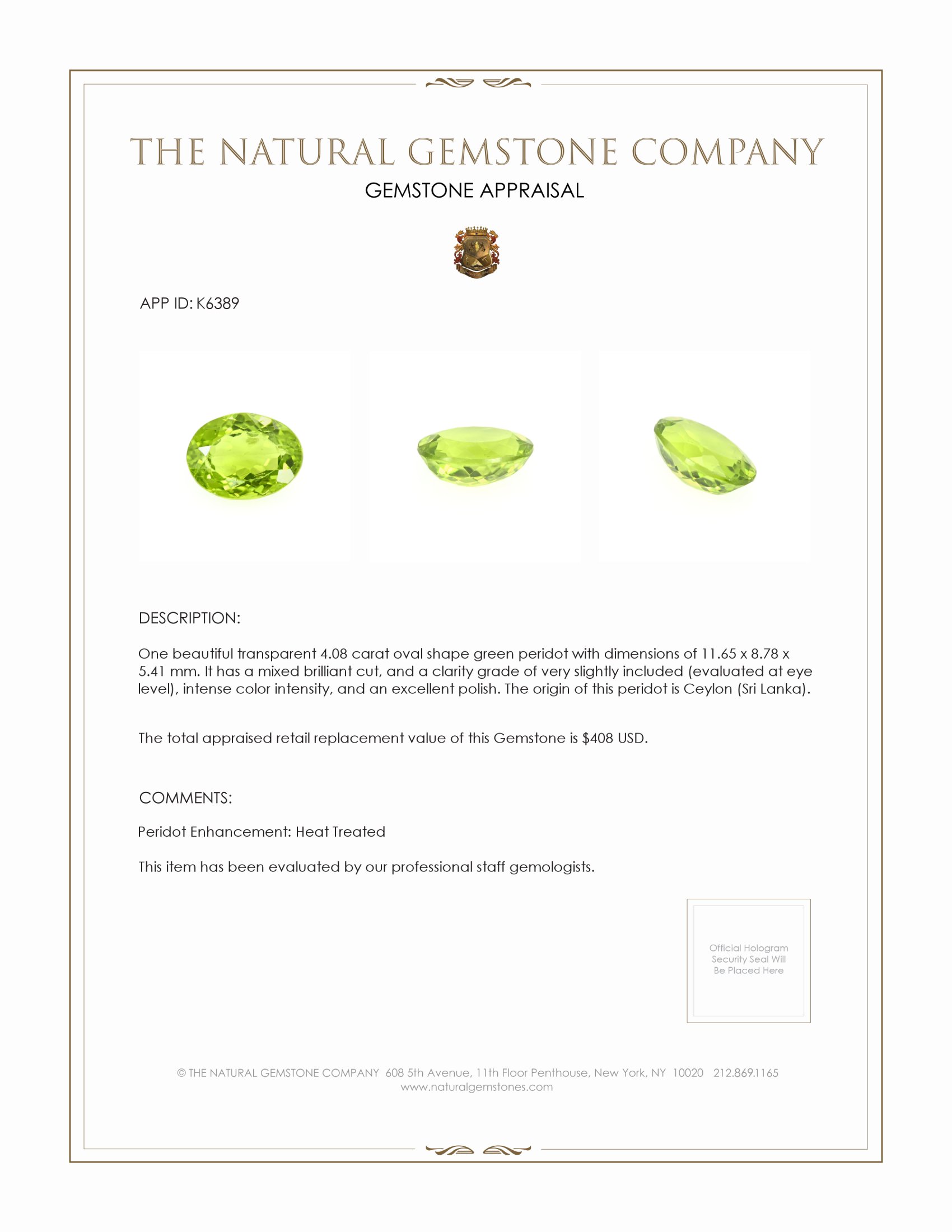 4.08 Ct. Green (Lime Green) Peridot from Ceylon (Sri Lanka)