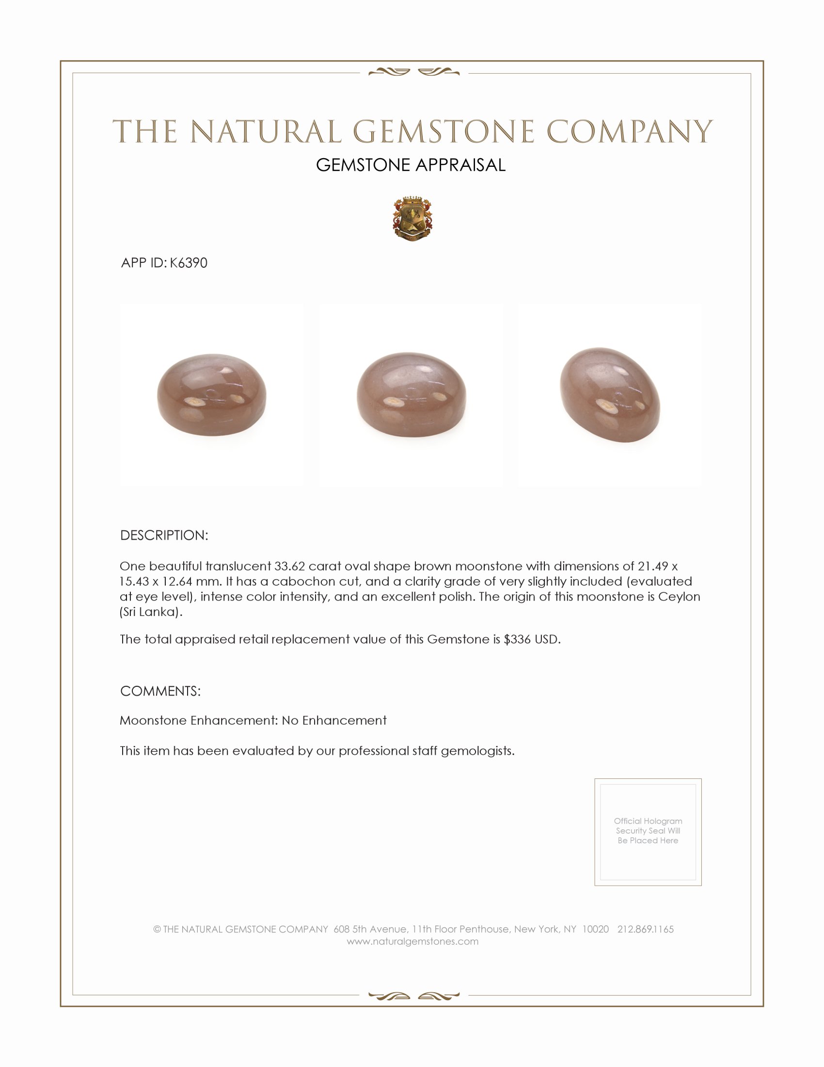 33.62 Ct. Brown Cabochon Moonstone from Ceylon (Sri Lanka)