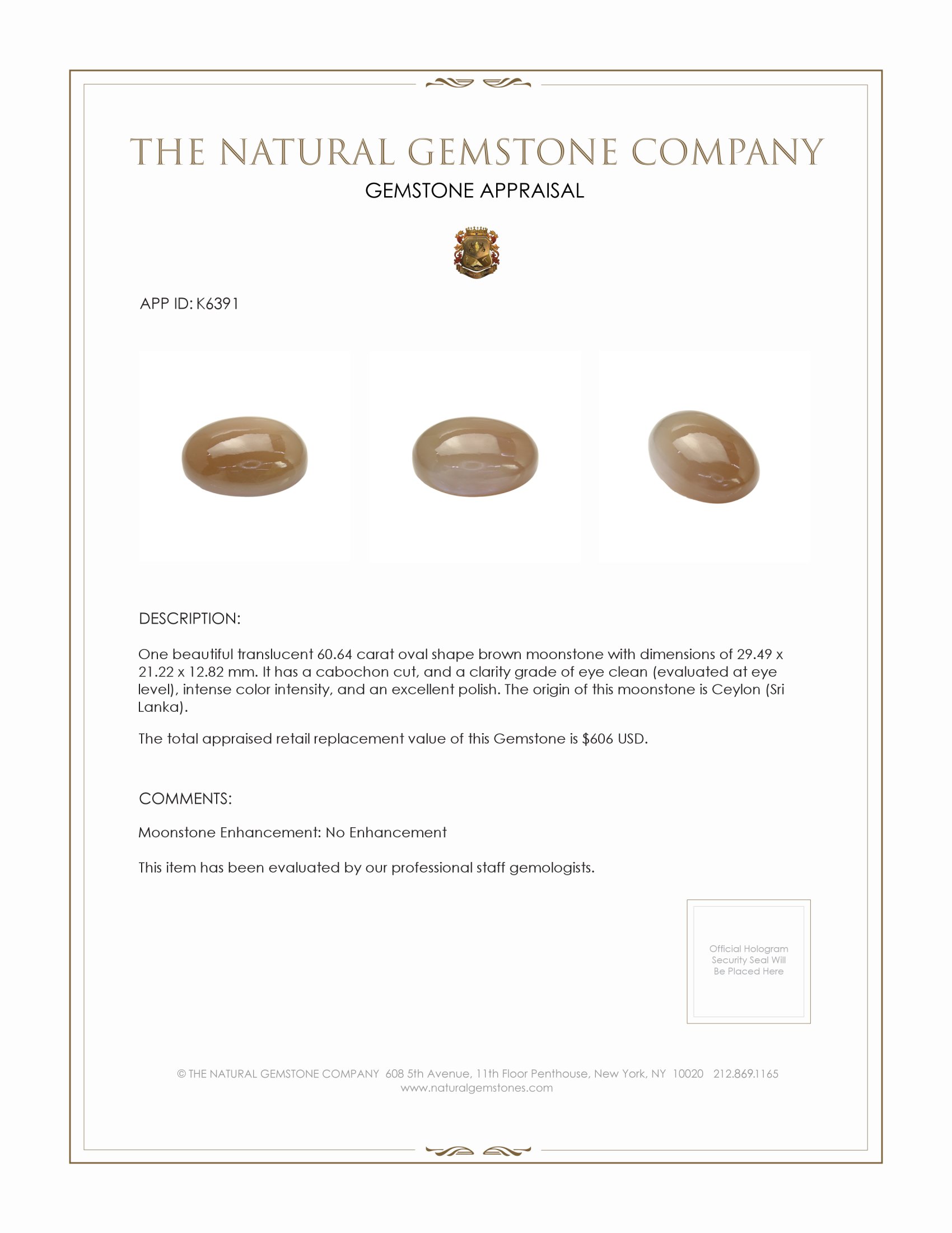 60.64 Ct. Brown Cabochon Moonstone from Ceylon (Sri Lanka)