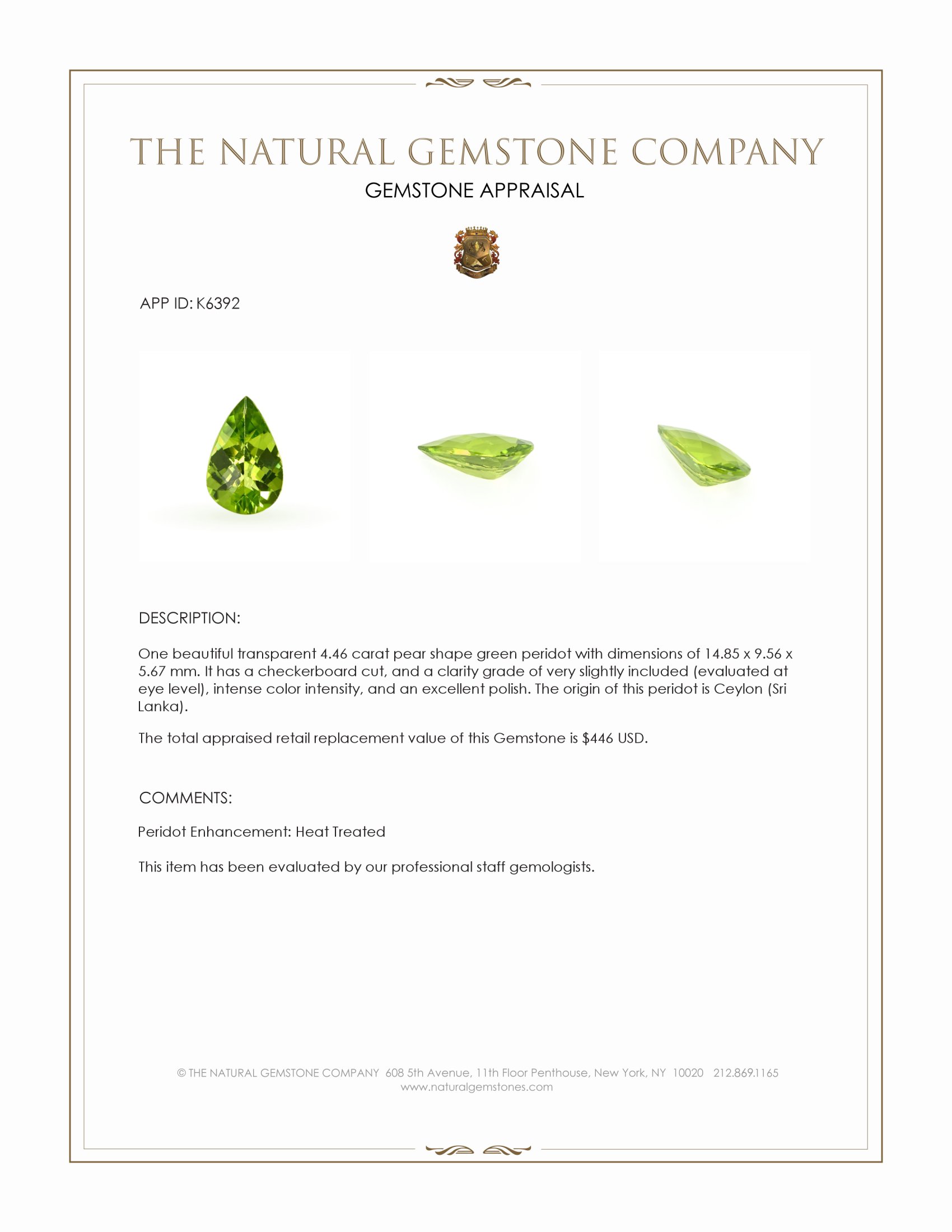 4.46 Ct. Green Peridot from Ceylon (Sri Lanka)