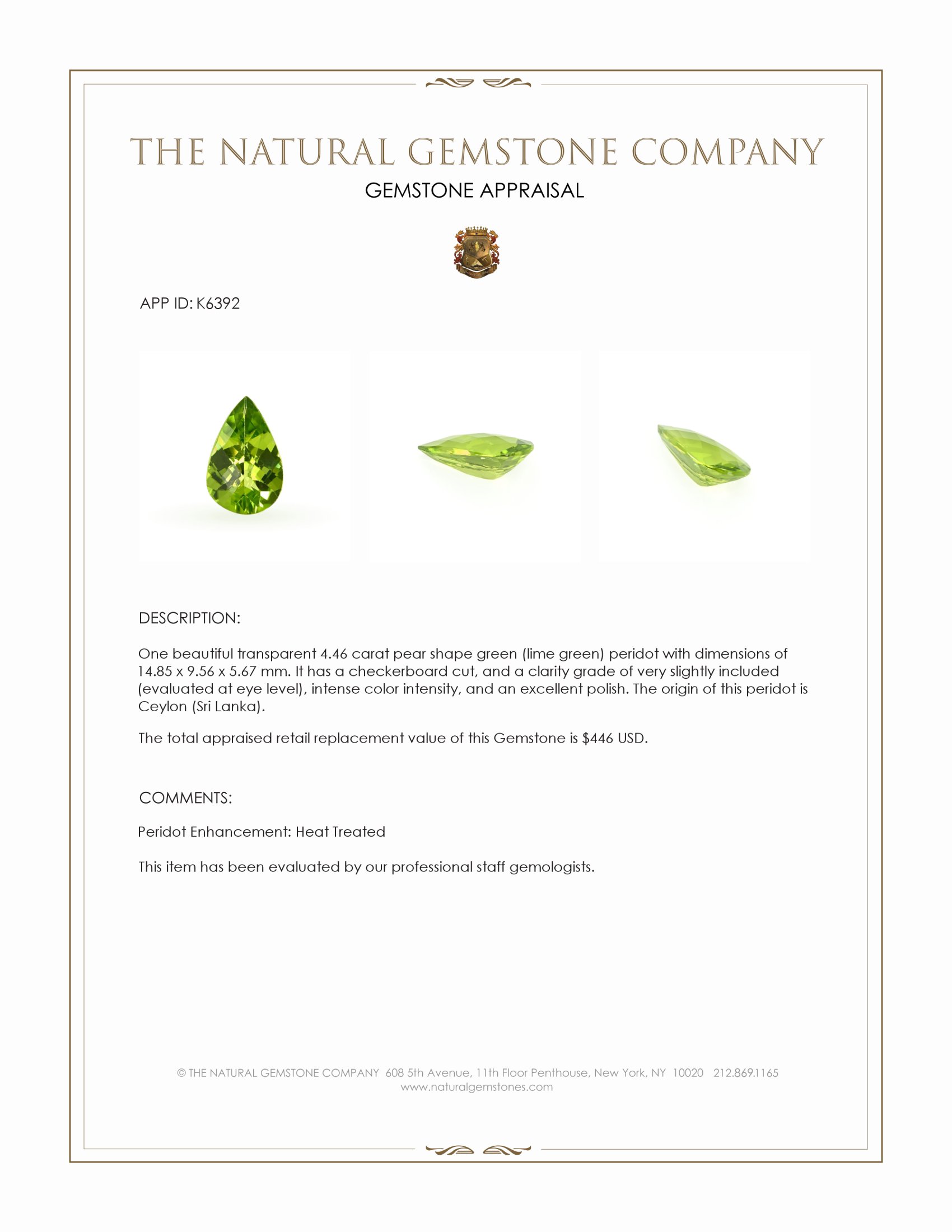 4.46 Ct. Green (Lime Green) Peridot from Ceylon (Sri Lanka)
