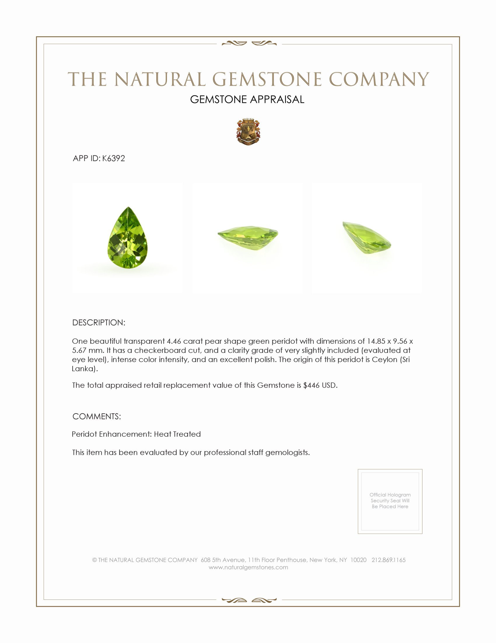 4.46 Ct. Peridot from Ceylon (Sri Lanka)
