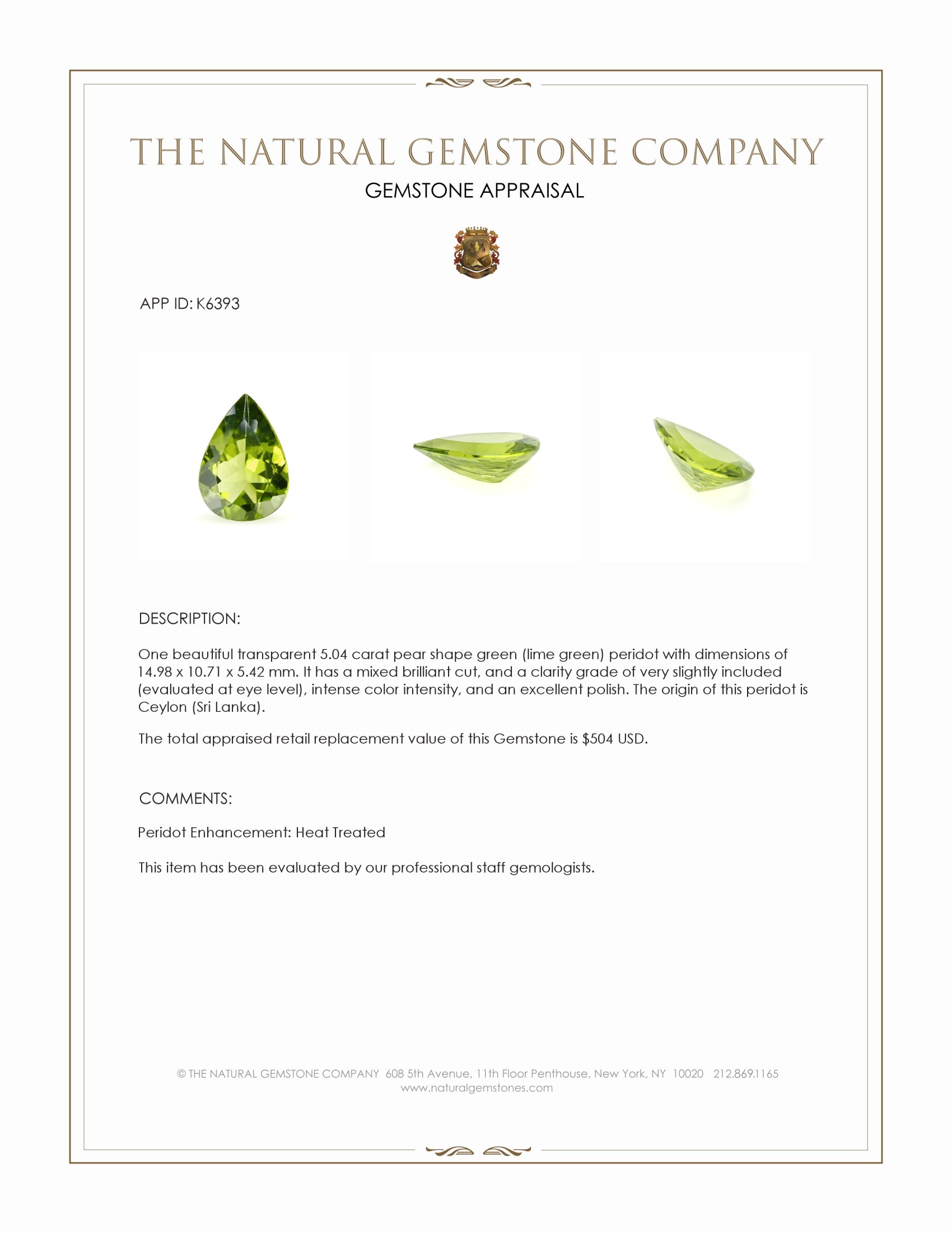 5.04 Ct. Green (Lime Green) Peridot from Ceylon (Sri Lanka)
