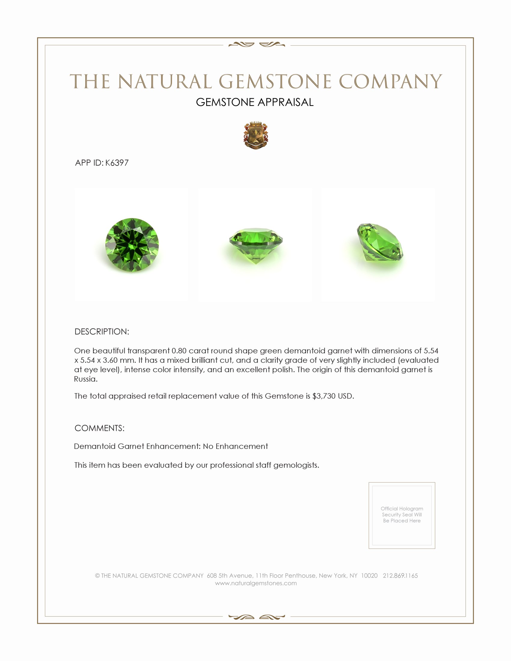 0.80 Ct. Demantoid Garnet from Russia