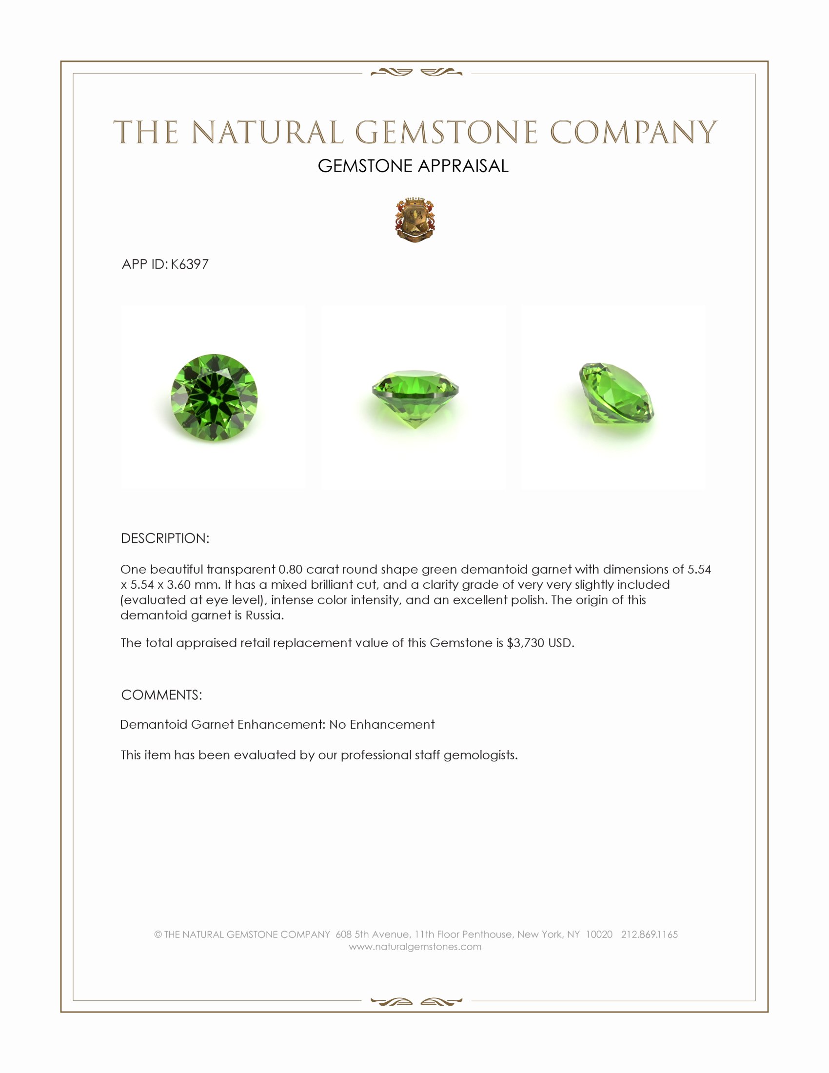 0.80 Ct. Green Demantoid Garnet from Russia