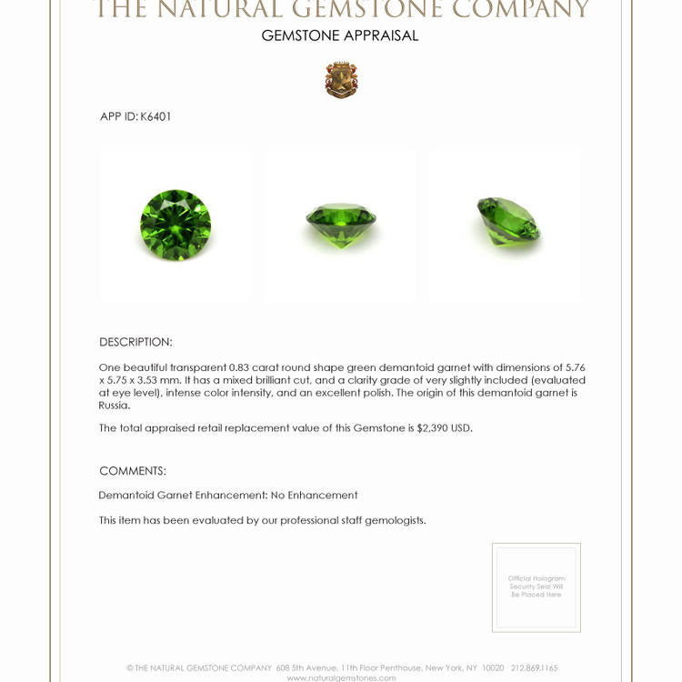 0.83 Ct. Demantoid Garnet from Russia