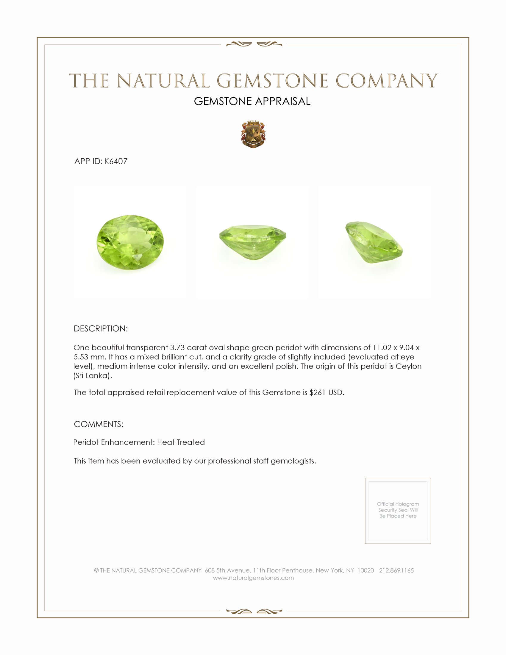 3.73 Ct. Green (Lime Green) Peridot from Ceylon (Sri Lanka)