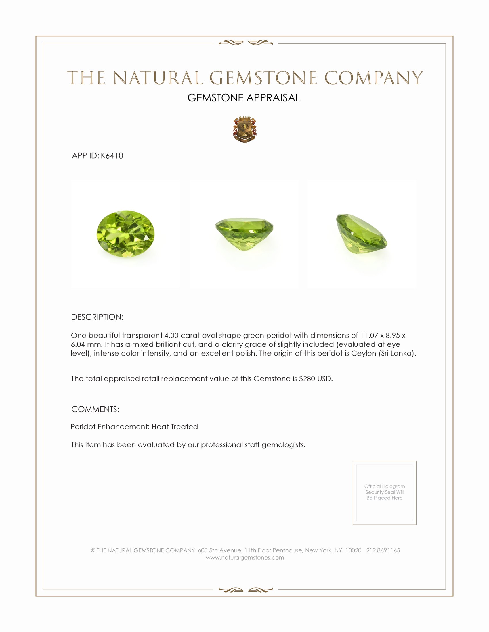 4.00 Ct. Peridot from Ceylon (Sri Lanka)