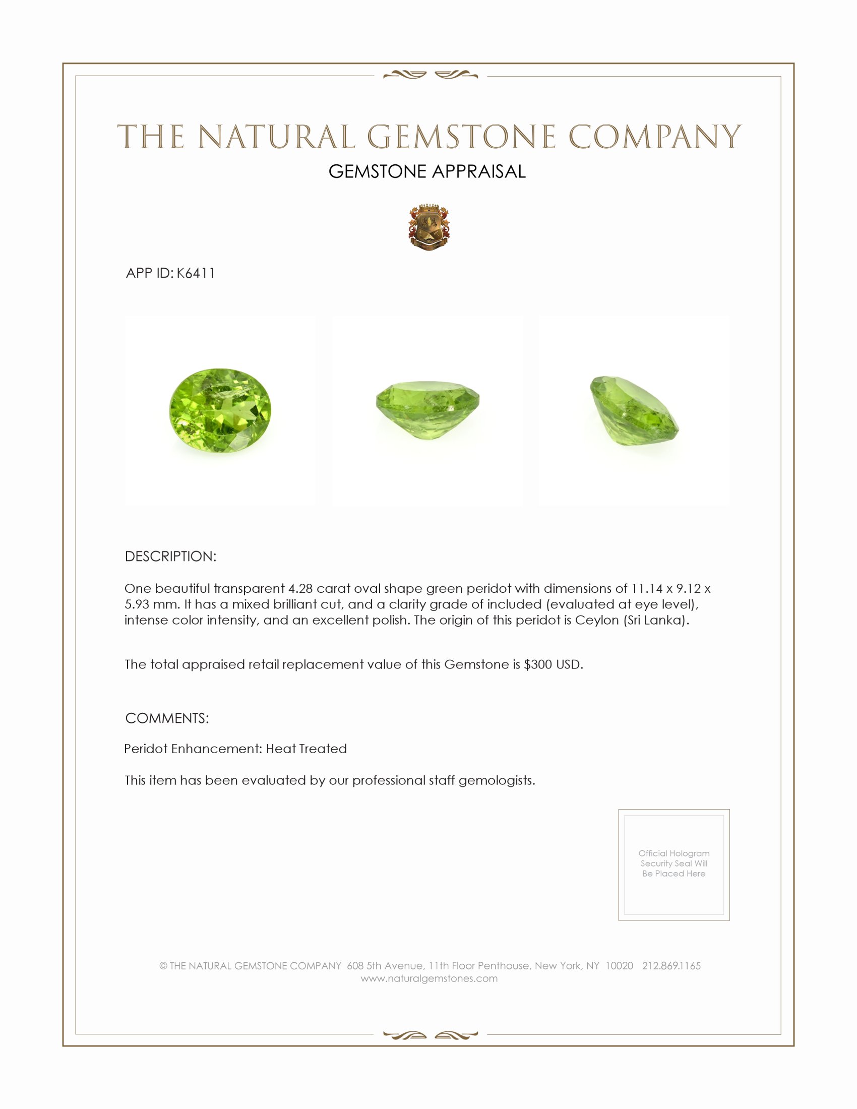 4.28 Ct. Green (Lime Green) Peridot from Ceylon (Sri Lanka)