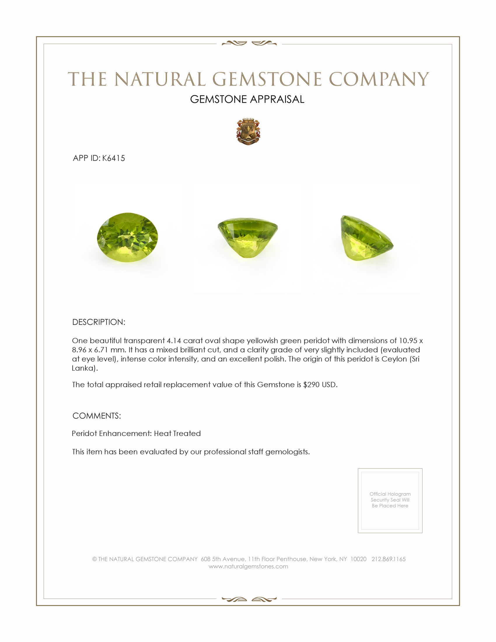 4.14 Ct. Yellowish Green Peridot from Ceylon (Sri Lanka)