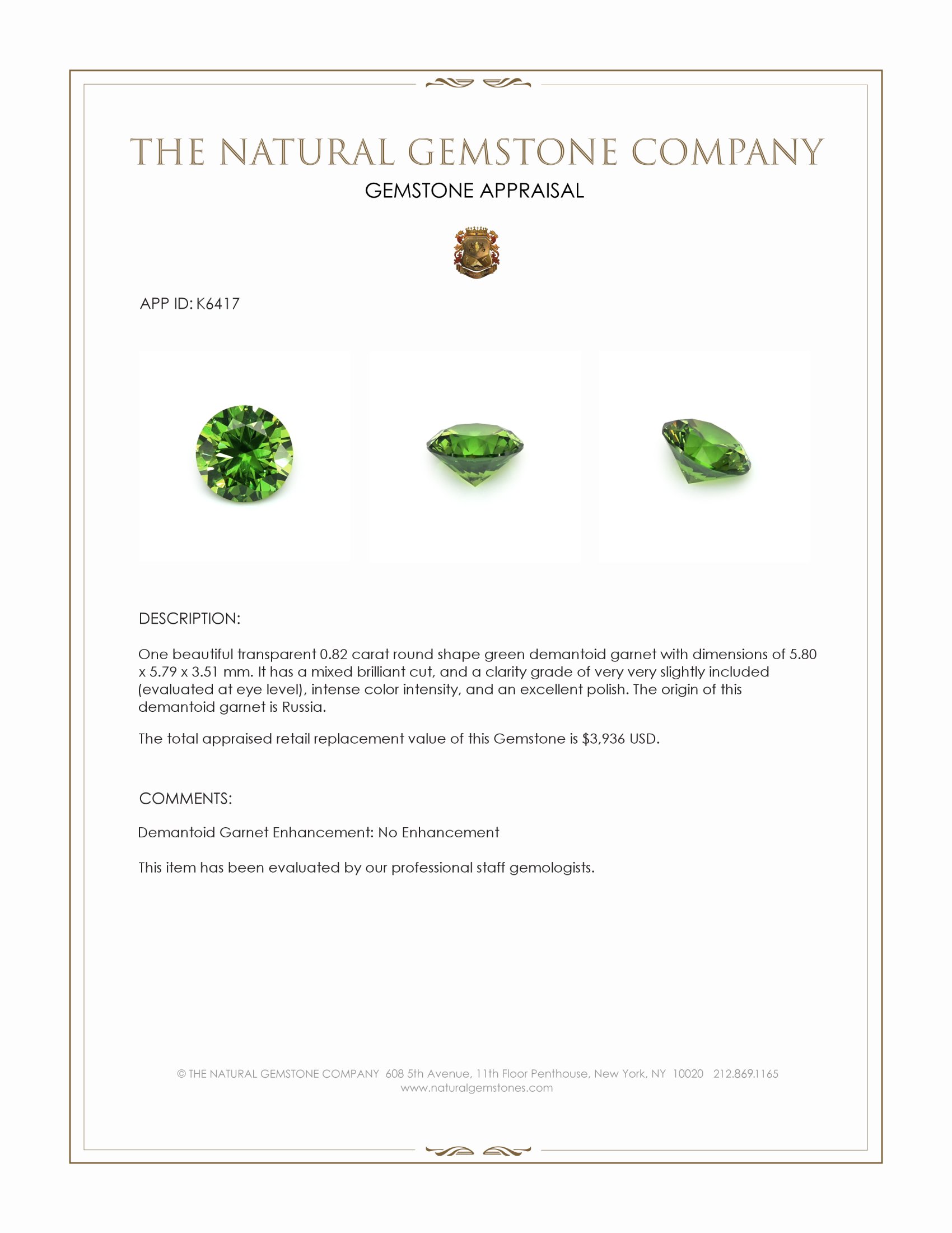0.82 Ct. Green Demantoid Garnet from Russia
