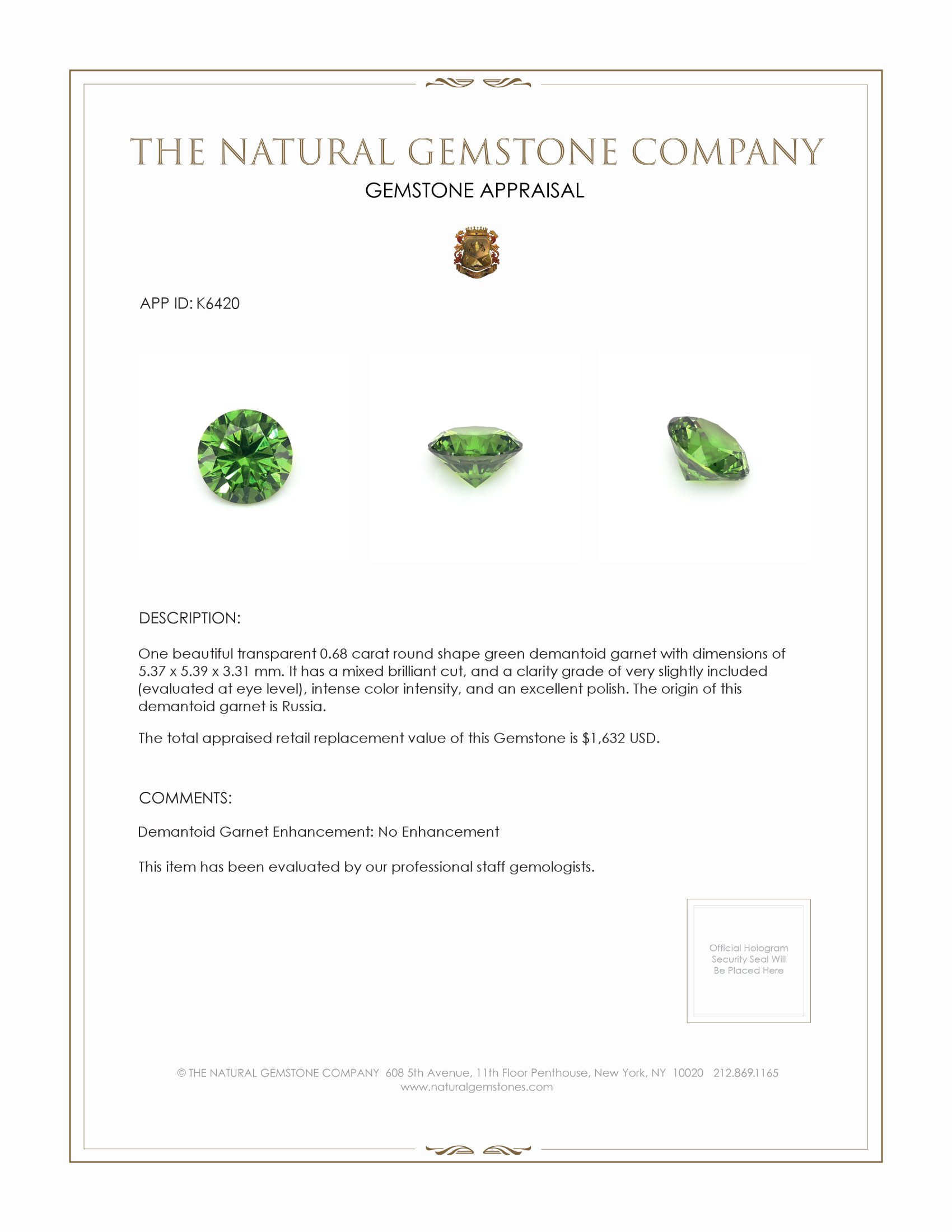 0.68 Ct. Demantoid Garnet from Russia