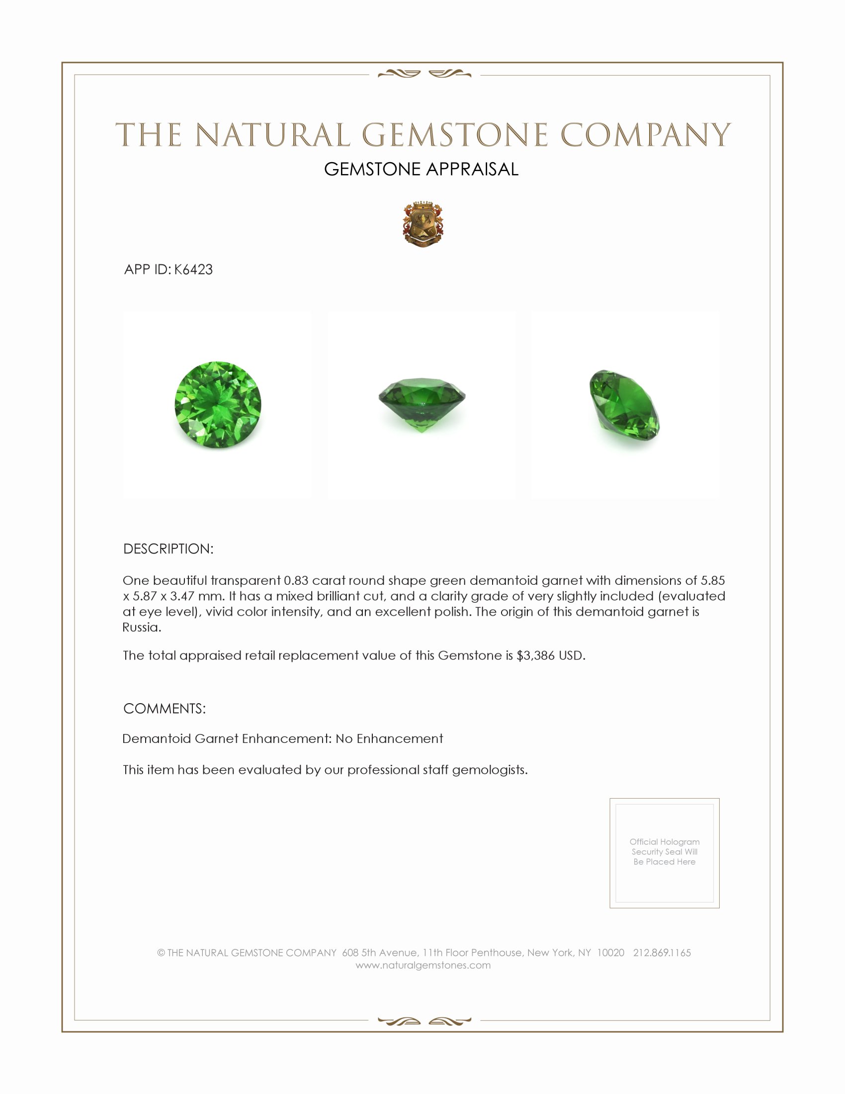 0.83 Ct. Demantoid Garnet from Russia