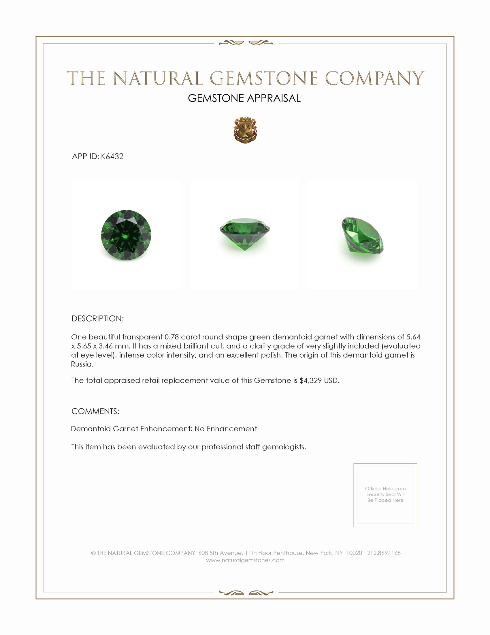 0.78 Ct. Demantoid Garnet from Russia