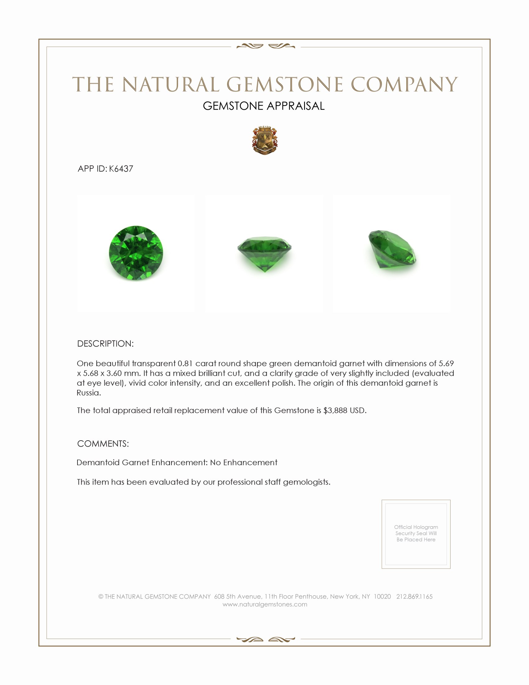 0.81 Ct. Demantoid Garnet from Russia