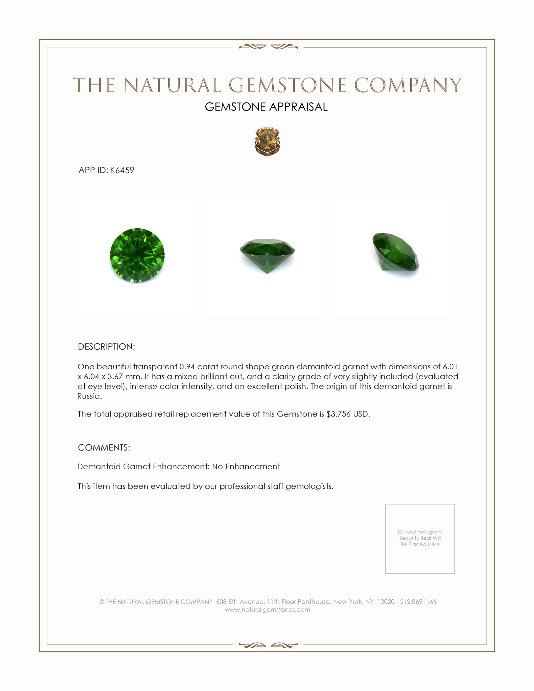 0.94 Ct. Demantoid Garnet from Russia
