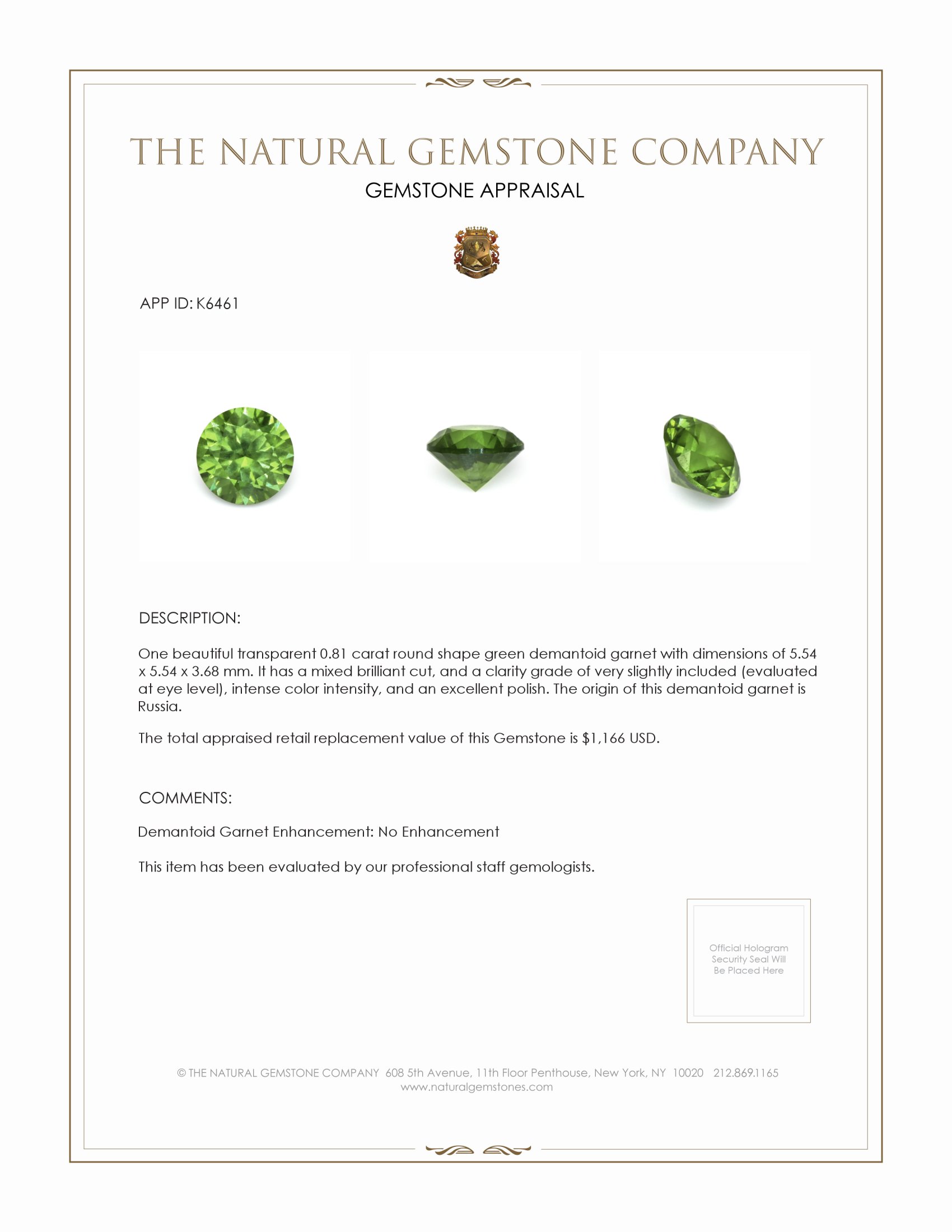 0.81 Ct. Demantoid Garnet from Russia