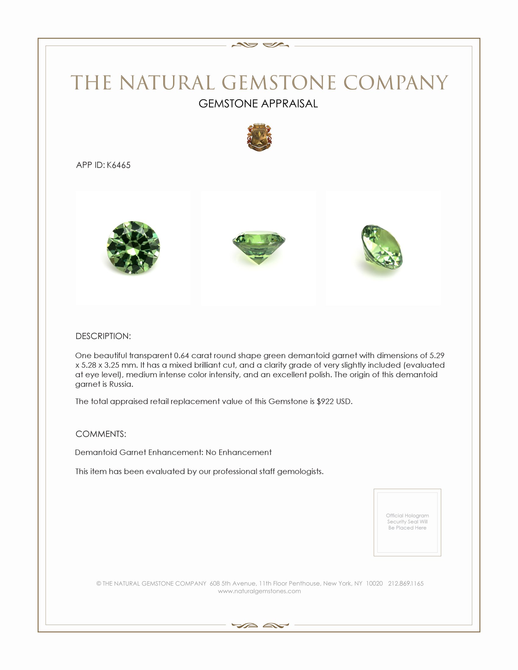 0.64 Ct. Demantoid Garnet from Russia