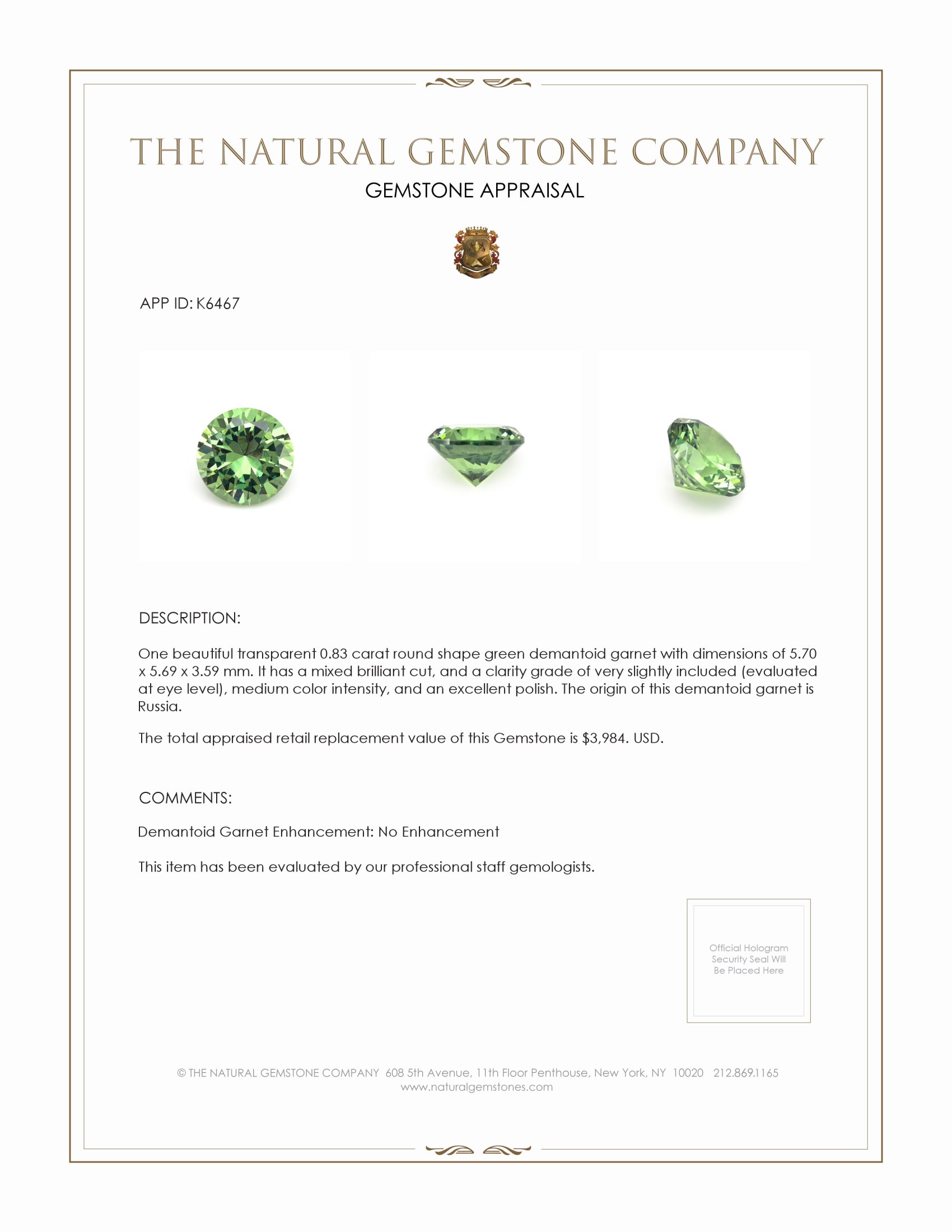 0.83 Ct. Demantoid Garnet from Russia