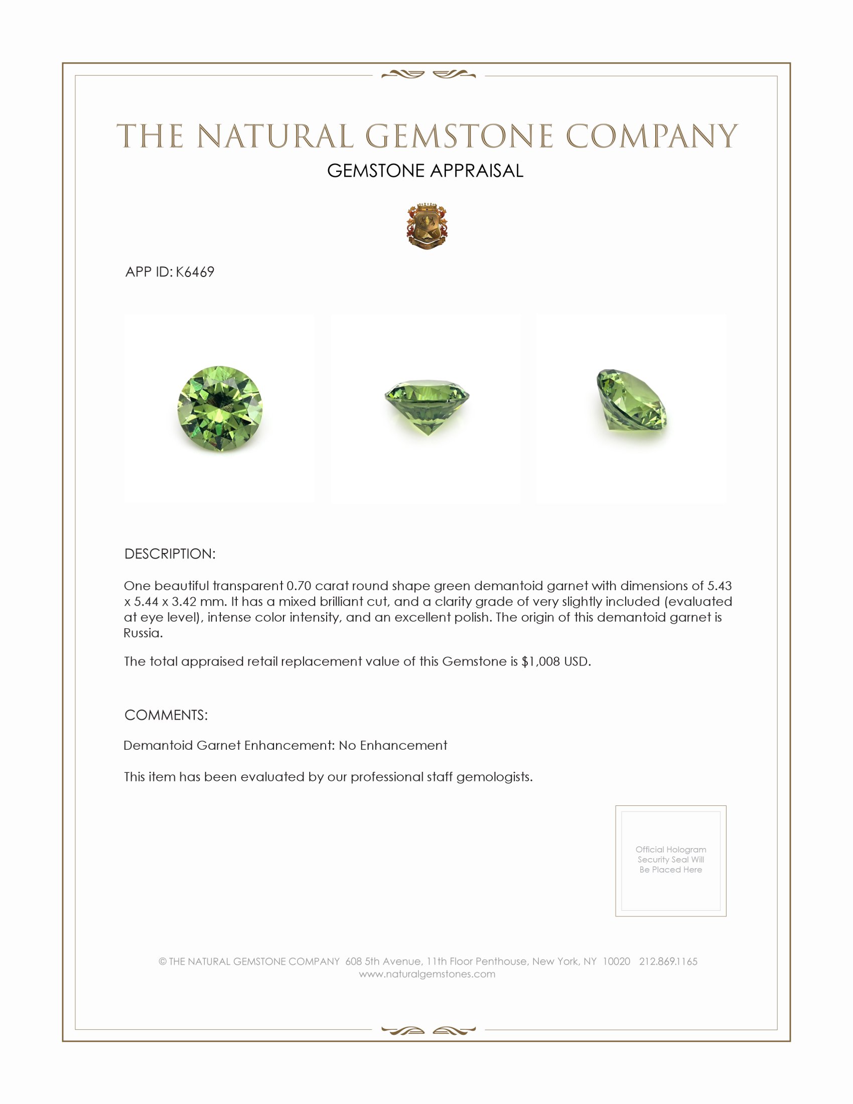 0.70 Ct. Demantoid Garnet from Russia