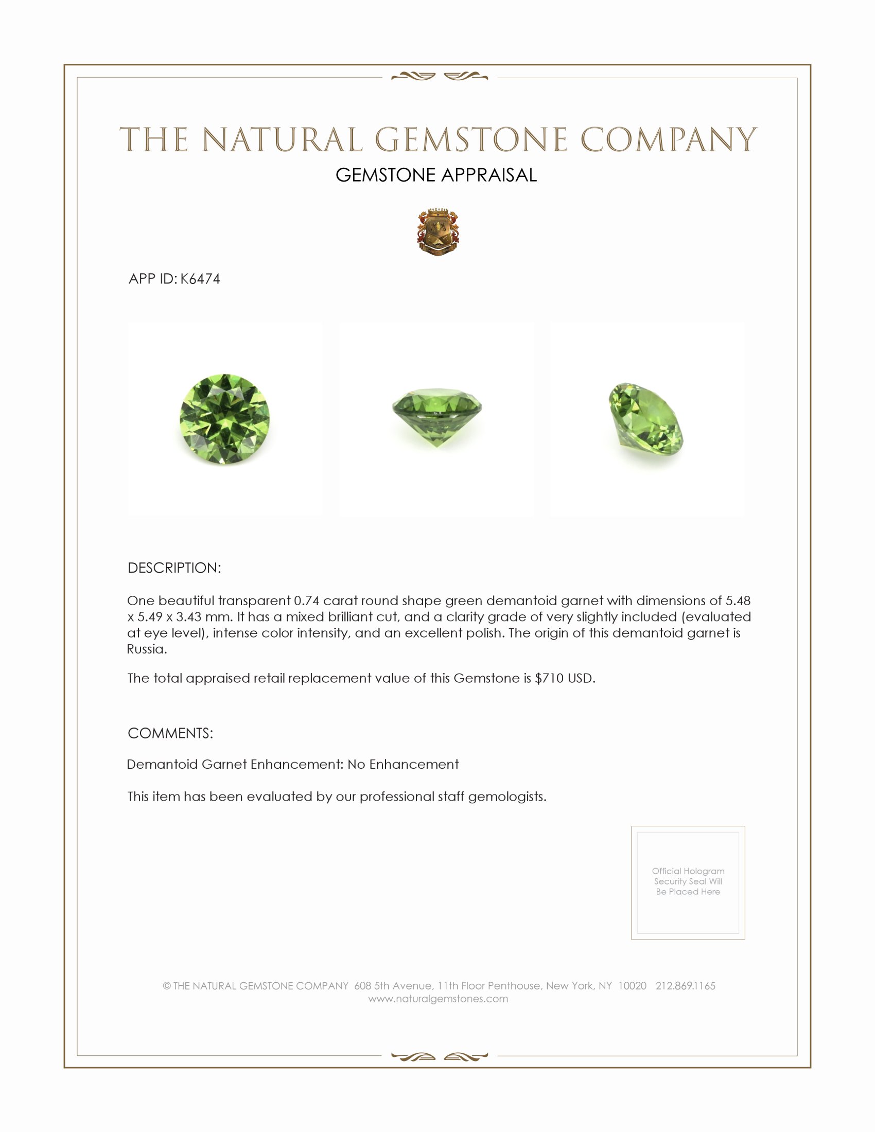 0.74 Ct. Demantoid Garnet from Russia