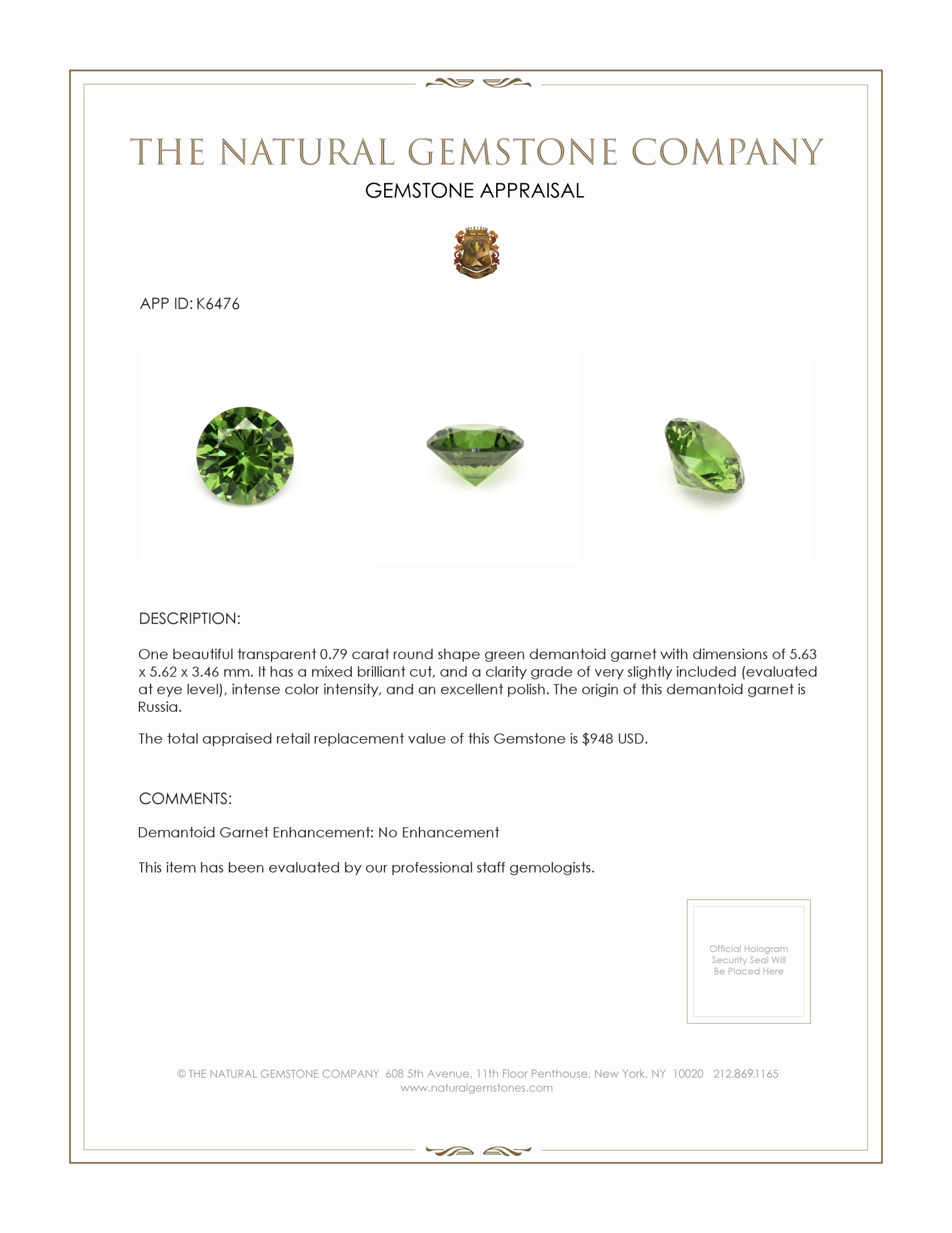 0.79 Ct. Demantoid Garnet from Russia