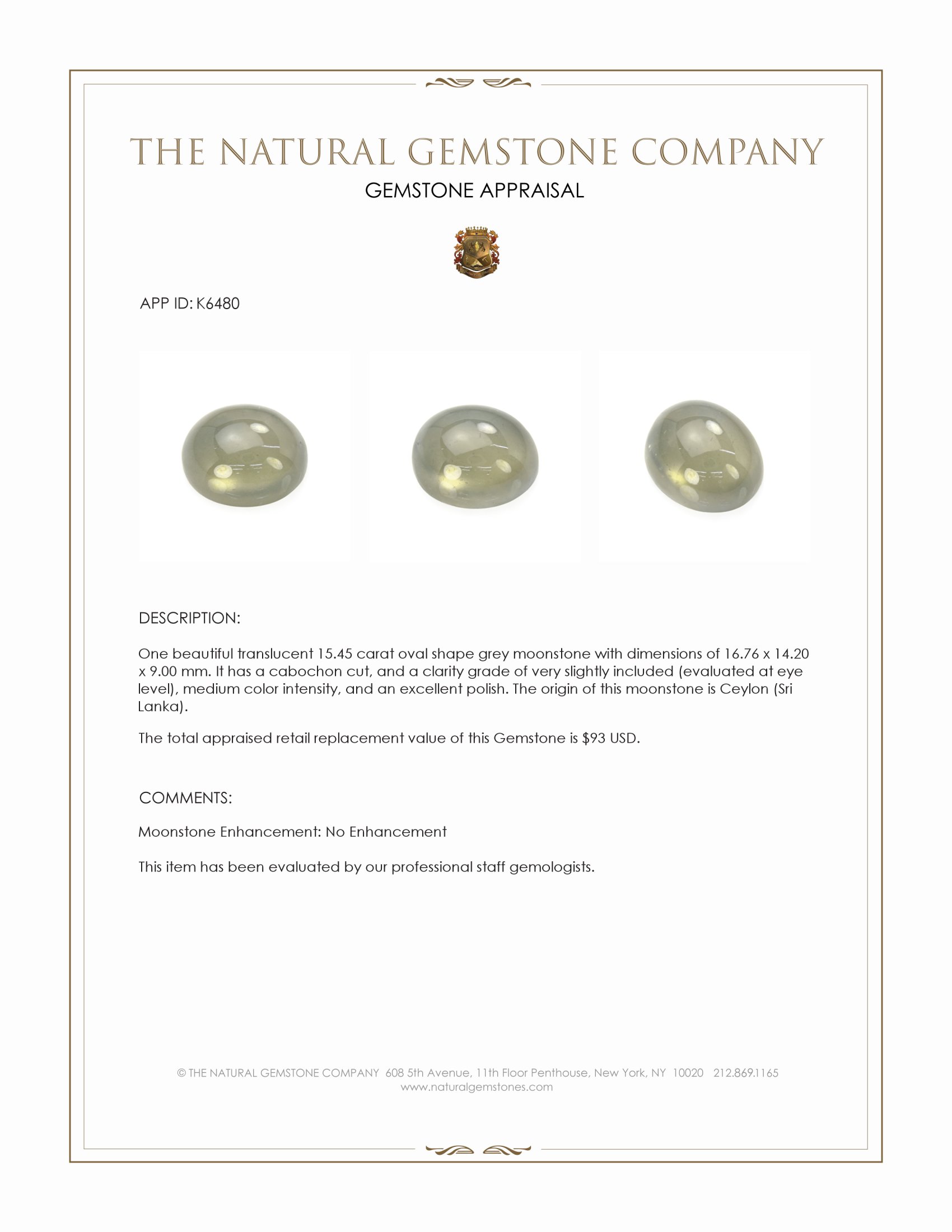 15.45 Ct. Grey Cabochon Moonstone from Ceylon (Sri Lanka)