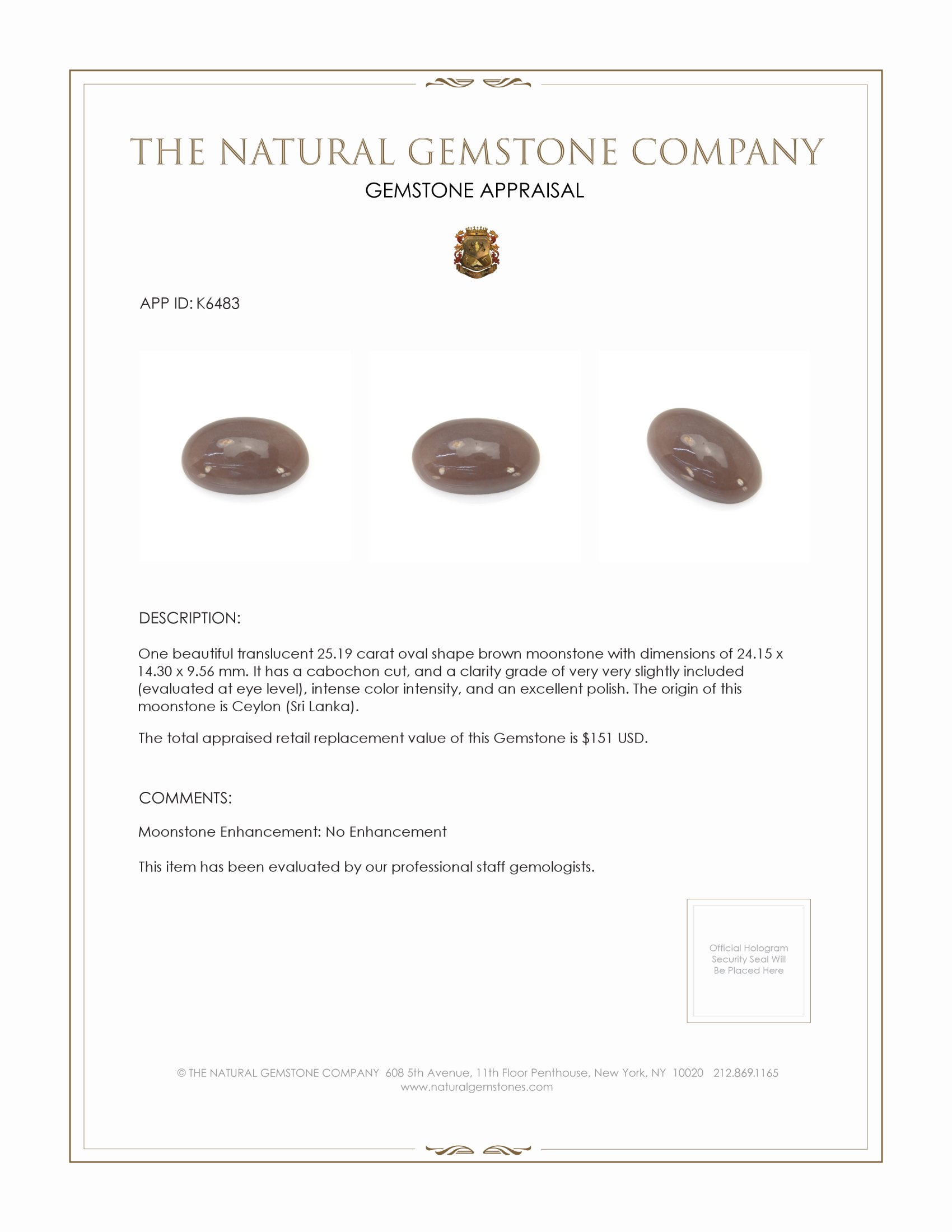 25.19 Ct. Brown Cabochon Moonstone from Ceylon (Sri Lanka)